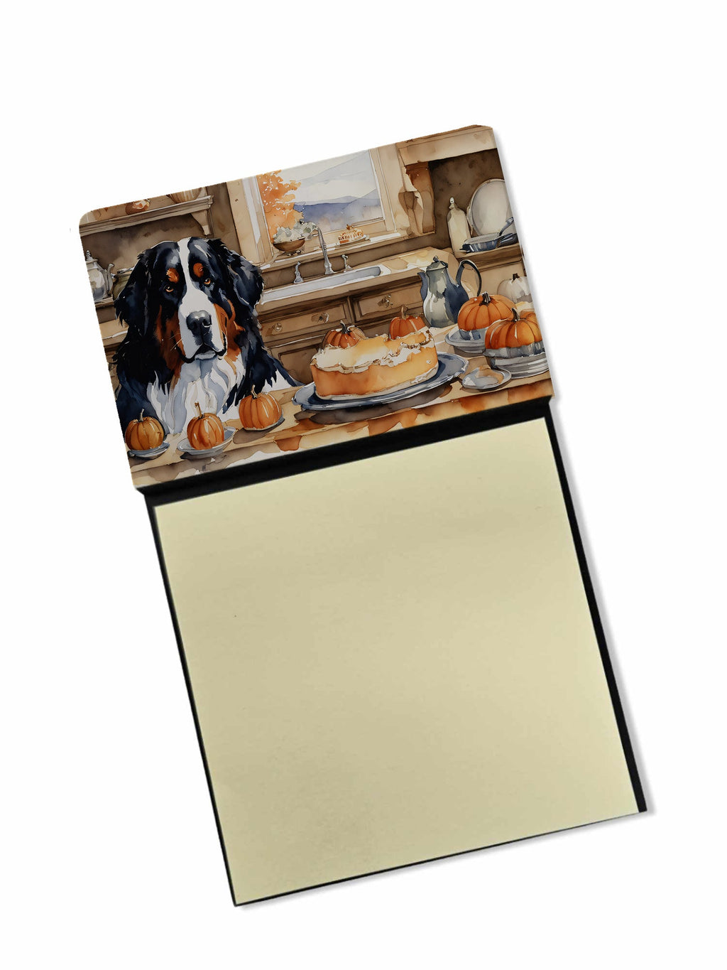 Bernese Mountain Dog Fall Kitchen Pumpkins Watercolor Sticky Note Holder Refillable Dispenser Desk Accessory 3x3 Pad Gift