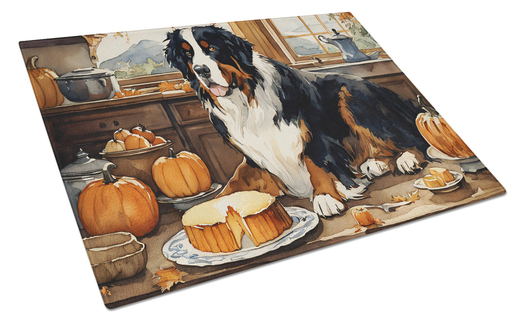 Bernese Mountain Dog Fall Kitchen Pumpkins Cutting Board Tempered Glass Kitchen Cutting Surface, Heat Resistant Chopping, Non-Slip Feet, Food Prep & Serving