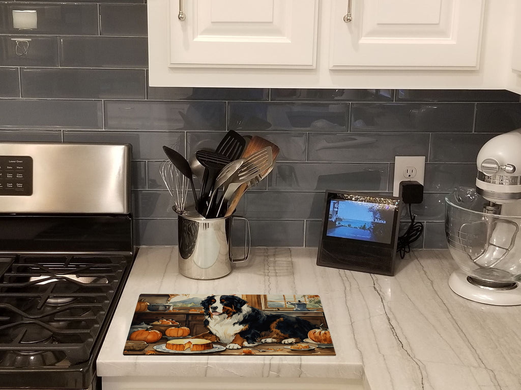 Bernese Mountain Dog Fall Kitchen Pumpkins Cutting Board Tempered Glass Kitchen Cutting Surface, Heat Resistant Chopping, Non-Slip Feet, Food Prep & Serving