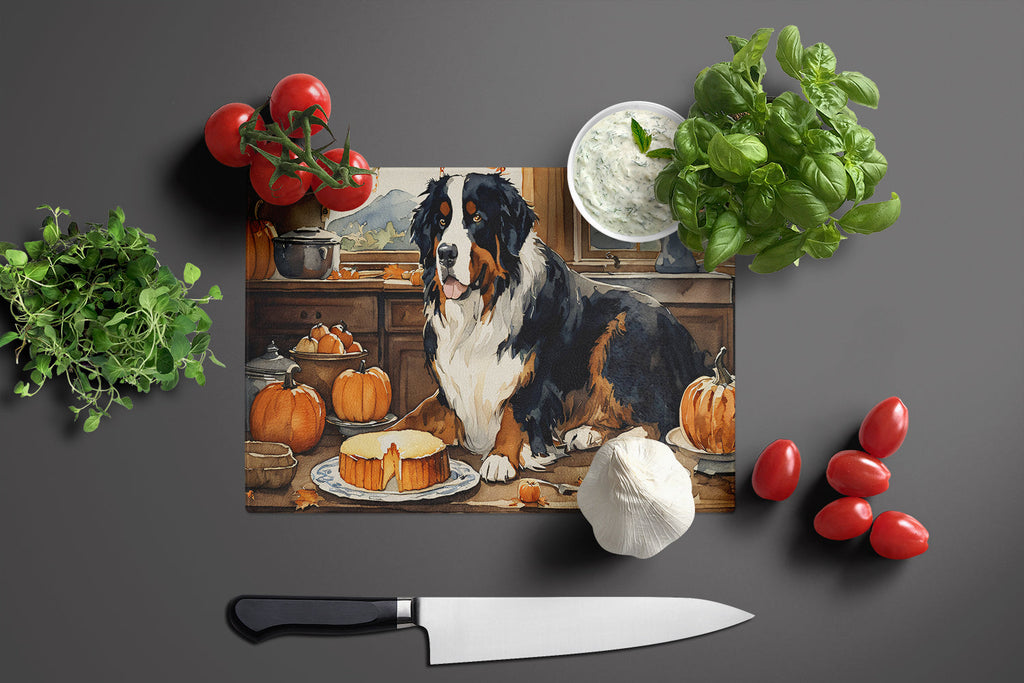 Bernese Mountain Dog Fall Kitchen Pumpkins Cutting Board Tempered Glass Kitchen Cutting Surface, Heat Resistant Chopping, Non-Slip Feet, Food Prep & Serving