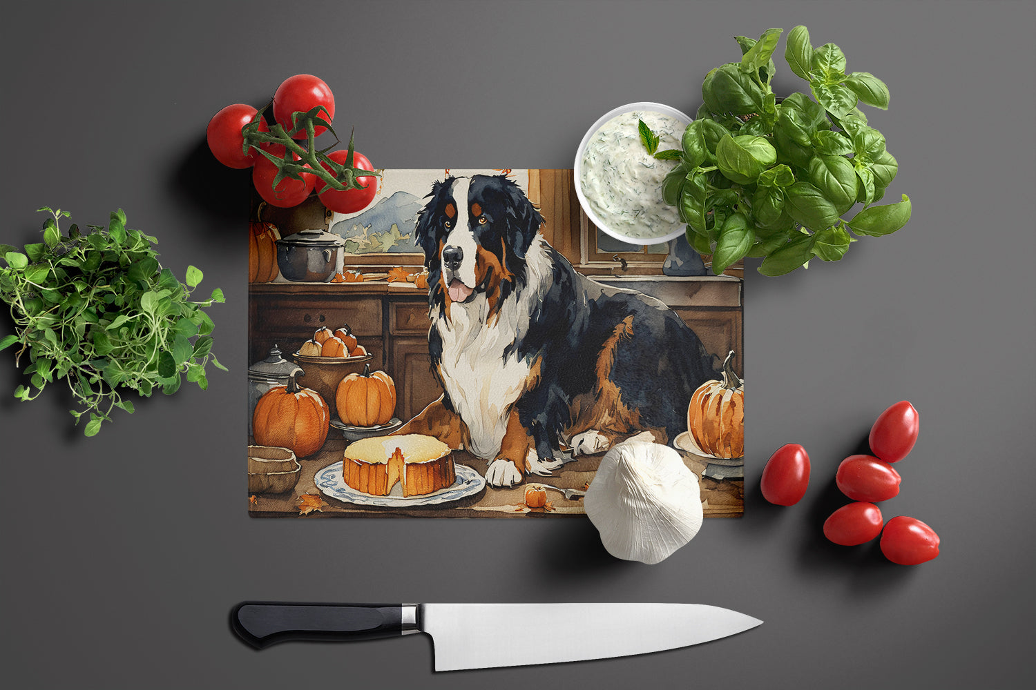 Bernese Mountain Dog Fall Kitchen Pumpkins Cutting Board Tempered Glass Kitchen Cutting Surface, Heat Resistant Chopping, Non-Slip Feet, Food Prep & Serving