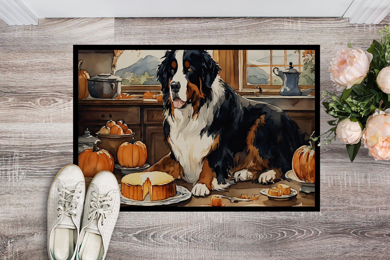 Bernese Mountain Dog Fall Kitchen Pumpkins Doormat Indoor Outdoor 18H X 27W Front Door Mat Rugs for Entryway, Non Slip Washable