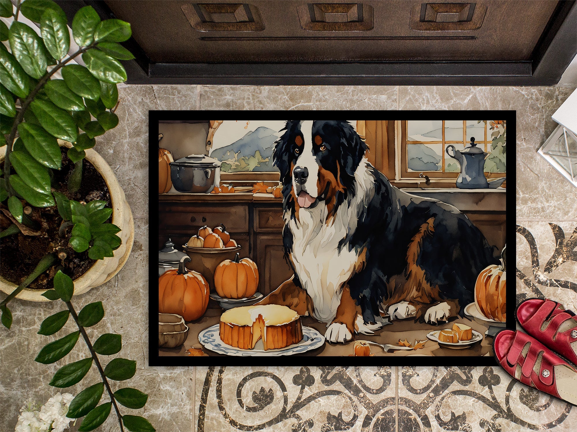 Bernese Mountain Dog Fall Kitchen Pumpkins Doormat Indoor Outdoor 18H X 27W Front Door Mat Rugs for Entryway, Non Slip Washable