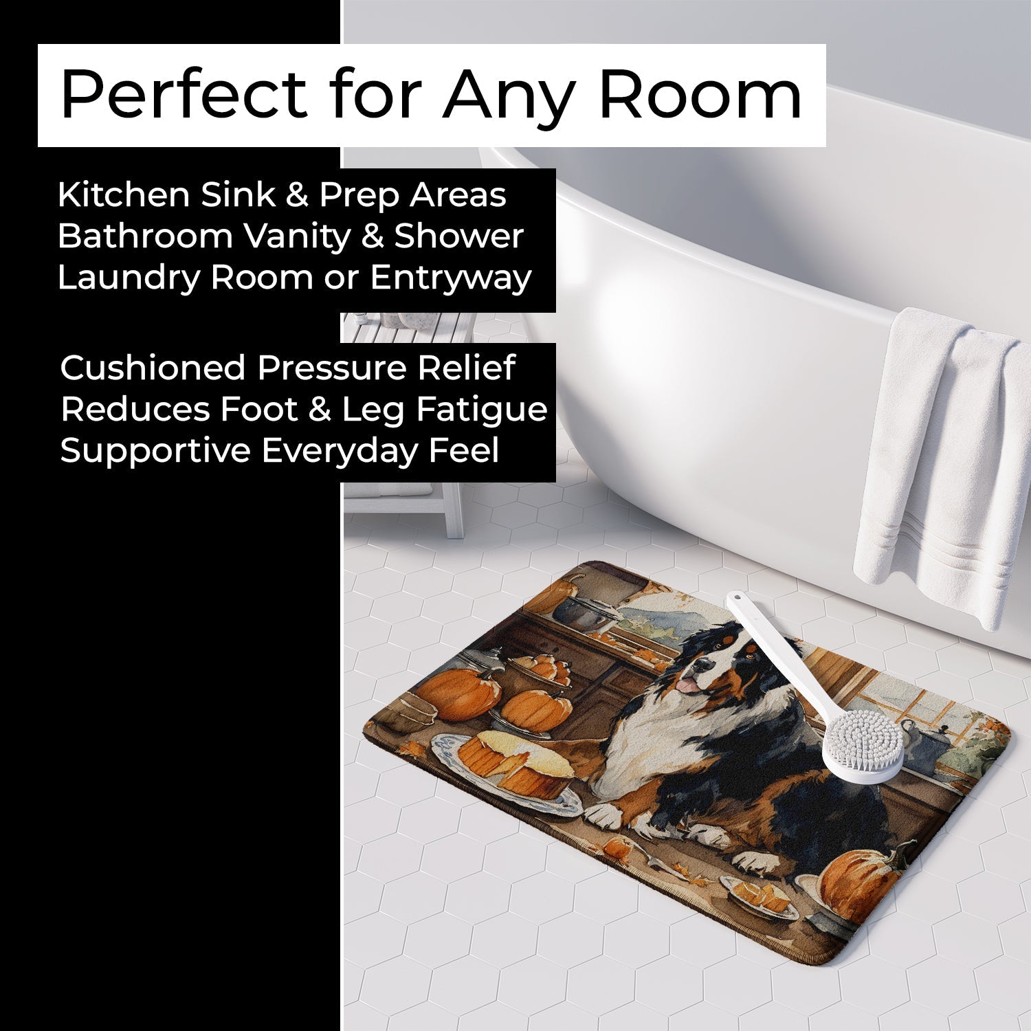 Bernese Mountain Dog Fall Kitchen Pumpkins Memory Foam Kitchen Mat Machine Washable Anti-Fatigue Cushion Comfort Bath or Kitchen Rug