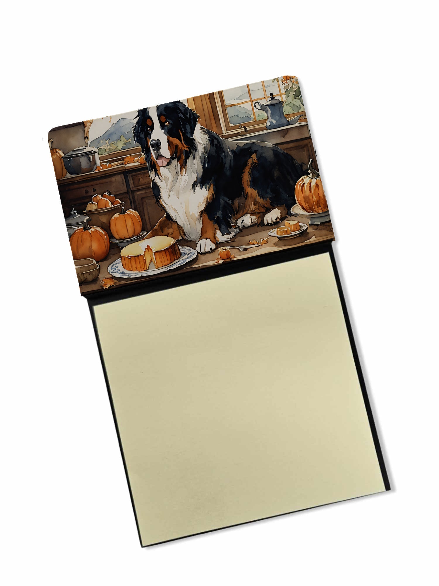 Bernese Mountain Dog Fall Kitchen Pumpkins Watercolor Sticky Note Holder Refillable Dispenser Desk Accessory 3x3 Pad Gift
