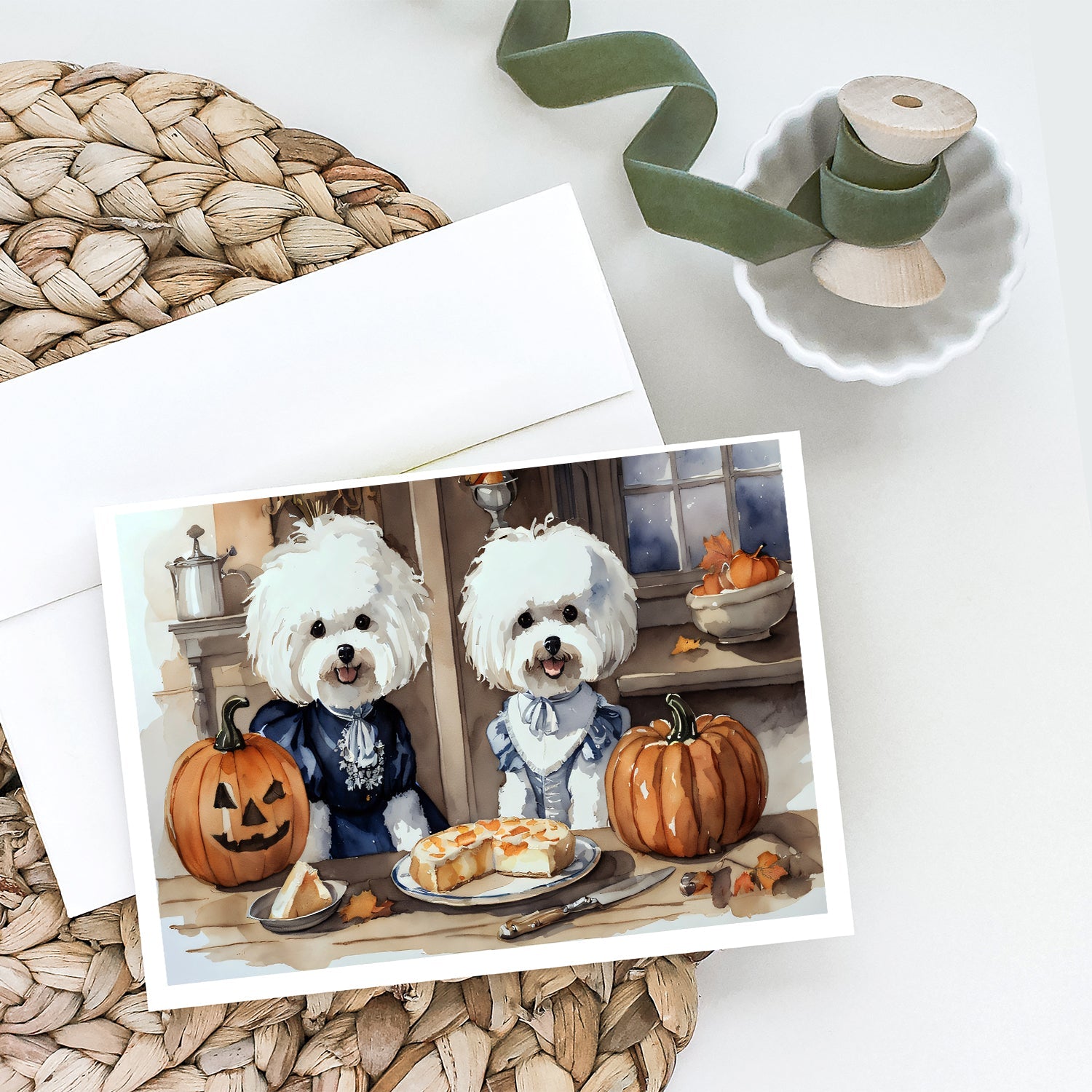 Bichon Frise Fall Kitchen Pumpkins Greeting Cards Pack of 8 Blank Cards with Envelopes Whimsical A7 Size 5x7