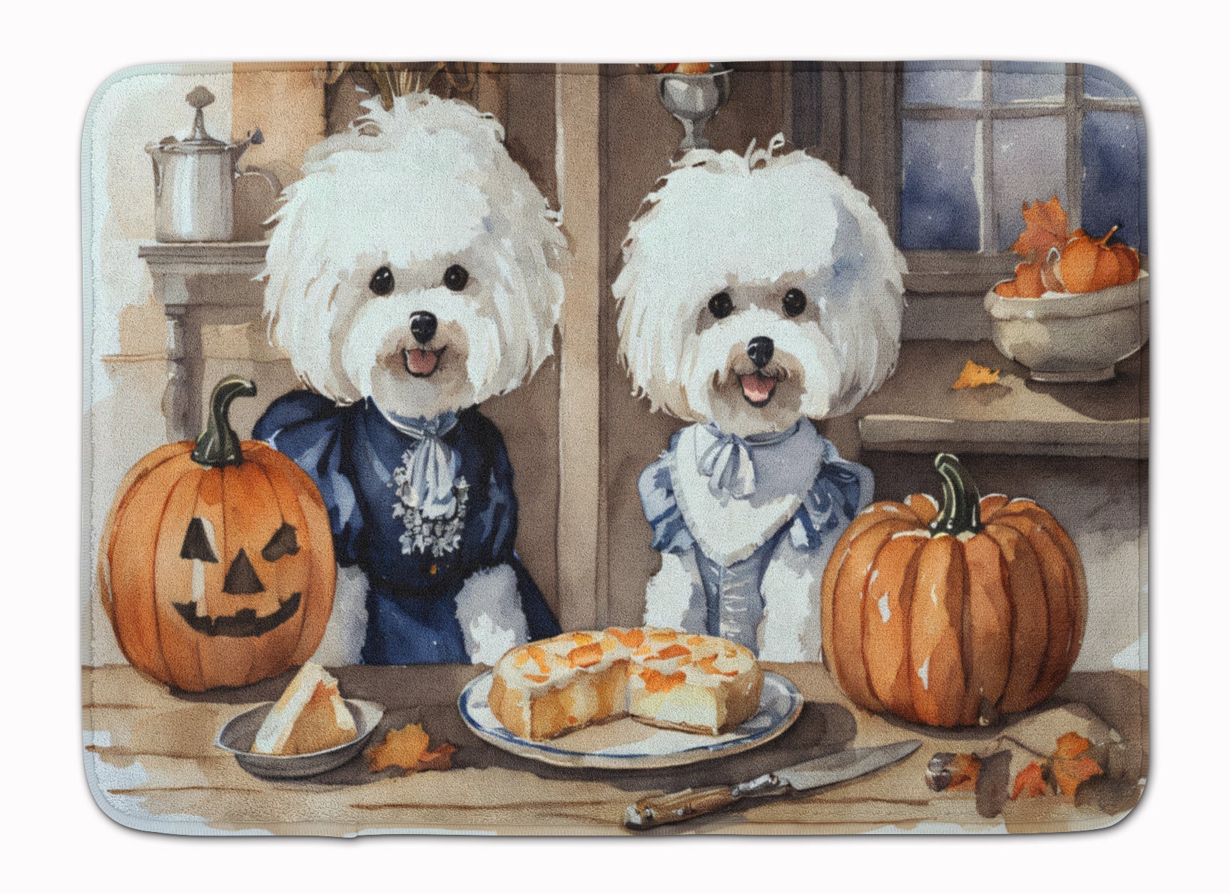 Bichon Frise Fall Kitchen Pumpkins Memory Foam Kitchen Mat Machine Washable Anti-Fatigue Cushion Comfort Bath or Kitchen Rug
