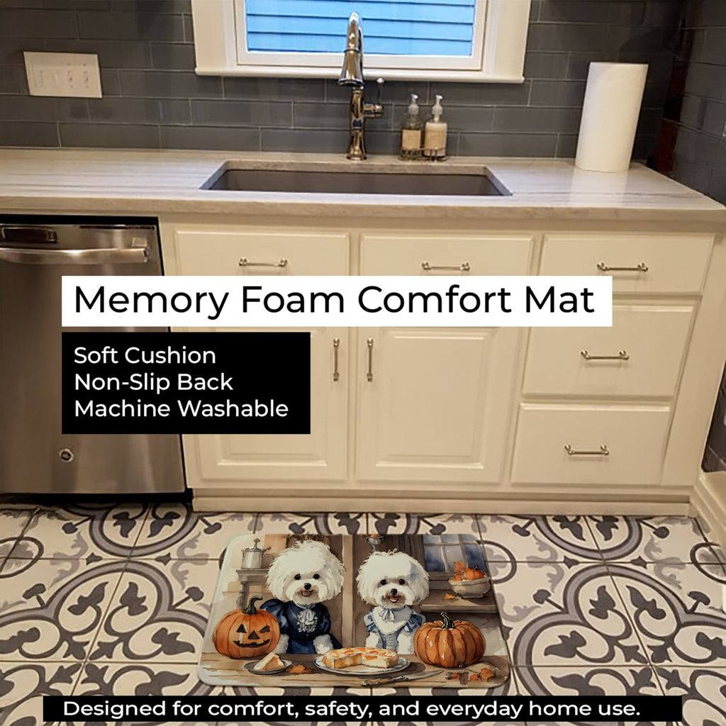 Bichon Frise Fall Kitchen Pumpkins Memory Foam Kitchen Mat Machine Washable Anti-Fatigue Cushion Comfort Bath or Kitchen Rug