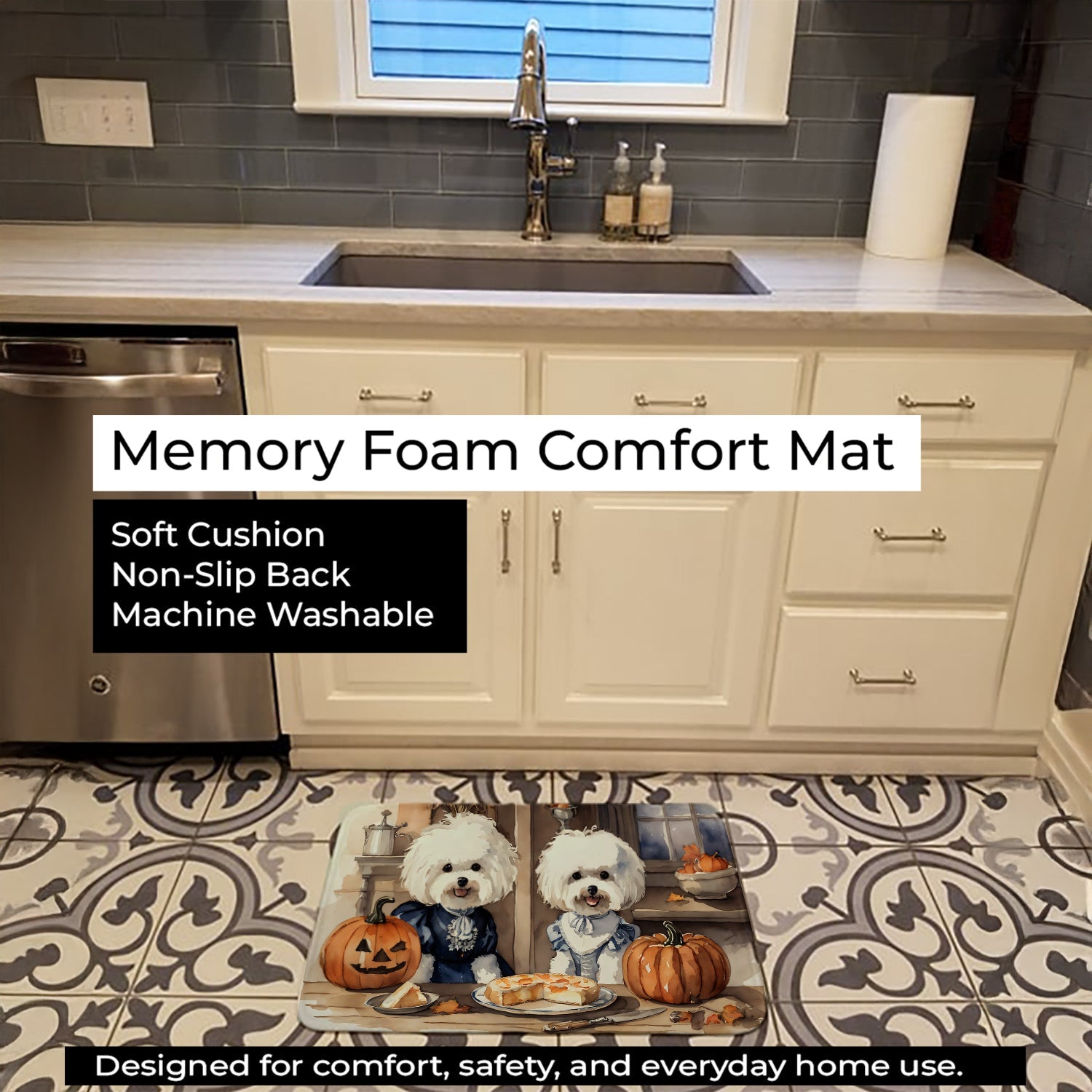 Bichon Frise Fall Kitchen Pumpkins Memory Foam Kitchen Mat Machine Washable Anti-Fatigue Cushion Comfort Bath or Kitchen Rug