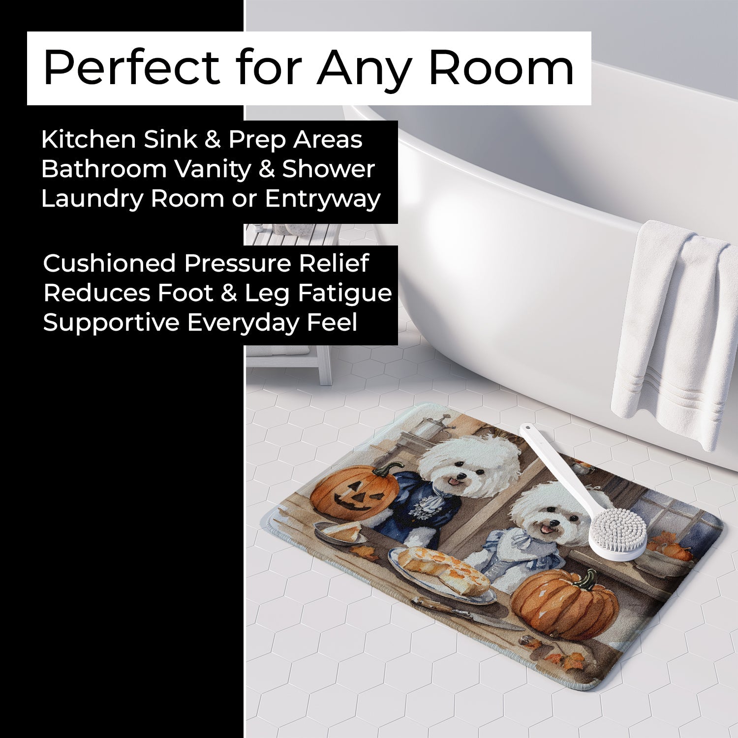Bichon Frise Fall Kitchen Pumpkins Memory Foam Kitchen Mat Machine Washable Anti-Fatigue Cushion Comfort Bath or Kitchen Rug