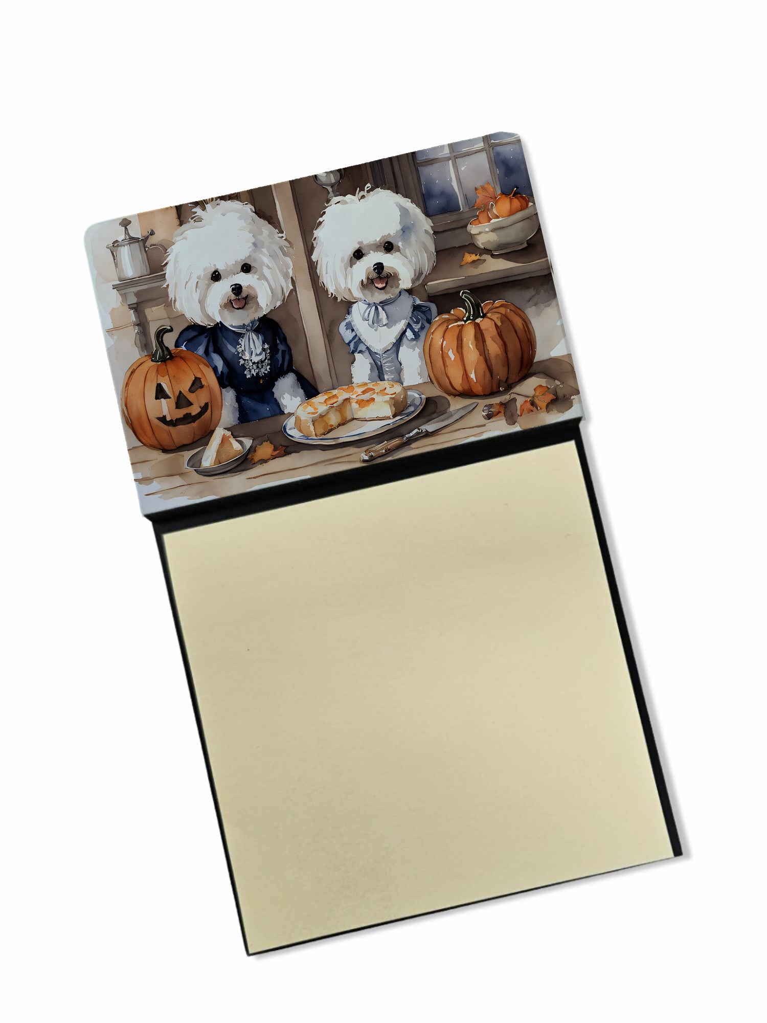Bichon Frise Fall Kitchen Pumpkins Watercolor Sticky Note Holder Refillable Dispenser Desk Accessory 3x3 Pad Gift