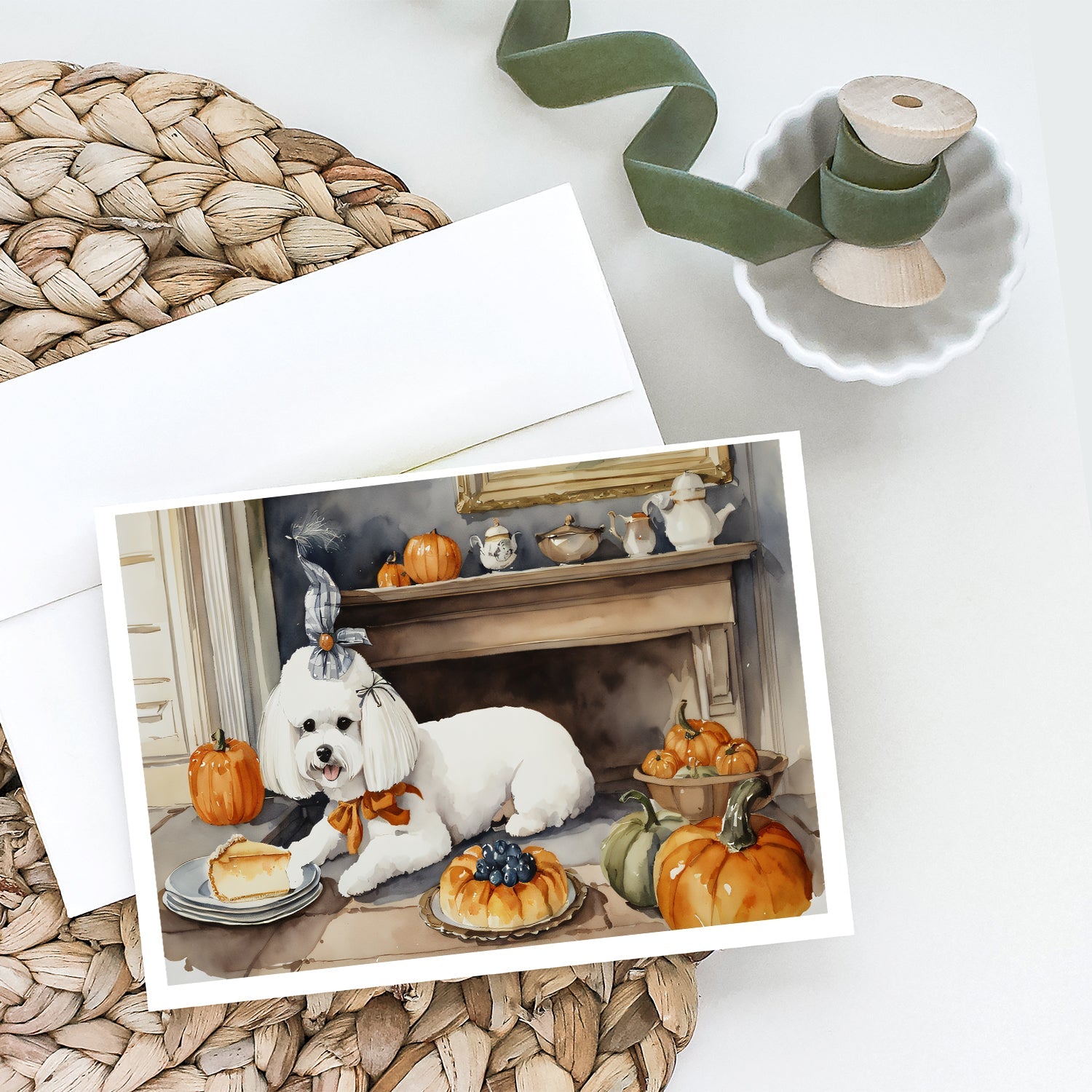 Bichon Frise Fall Kitchen Pumpkins Greeting Cards Pack of 8 Blank Cards with Envelopes Whimsical A7 Size 5x7