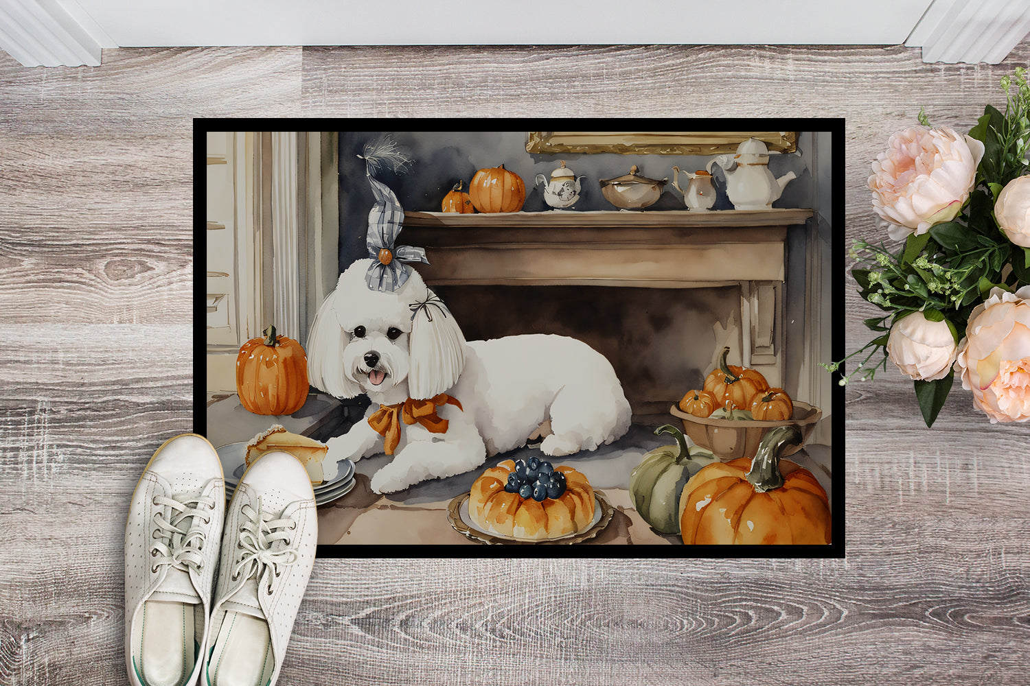 Bichon Frise Fall Kitchen Pumpkins Doormat Indoor Outdoor 24H X 36W Front Door Mat Rugs for Entryway, Non Slip Washable Low Pile,