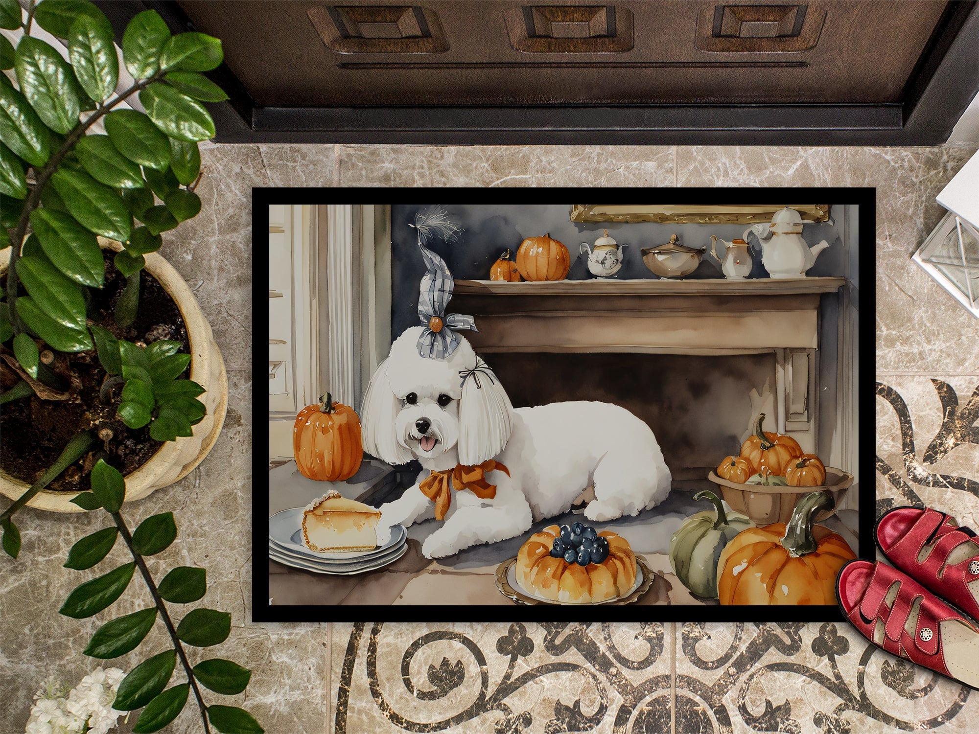 Bichon Frise Fall Kitchen Pumpkins Doormat Indoor Outdoor 24H X 36W Front Door Mat Rugs for Entryway, Non Slip Washable Low Pile,