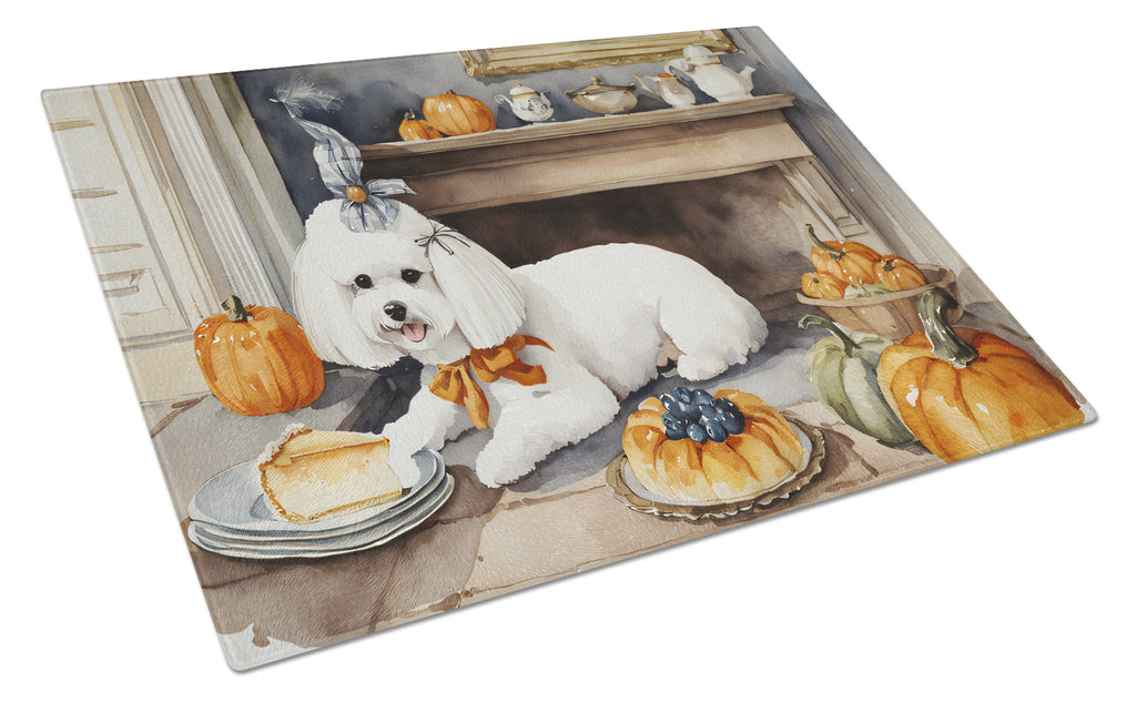 Bichon Frise Fall Kitchen Pumpkins Cutting Board Tempered Glass Kitchen Cutting Surface, Heat Resistant Chopping, Non-Slip Feet, Food Prep & Serving