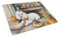 Bichon Frise Fall Kitchen Pumpkins Cutting Board Tempered Glass Kitchen Cutting Surface, Heat Resistant Chopping, Non-Slip Feet, Food Prep & Serving