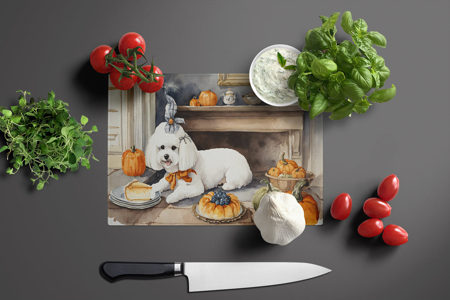 Bichon Frise Fall Kitchen Pumpkins Cutting Board Tempered Glass Kitchen Cutting Surface, Heat Resistant Chopping, Non-Slip Feet, Food Prep & Serving