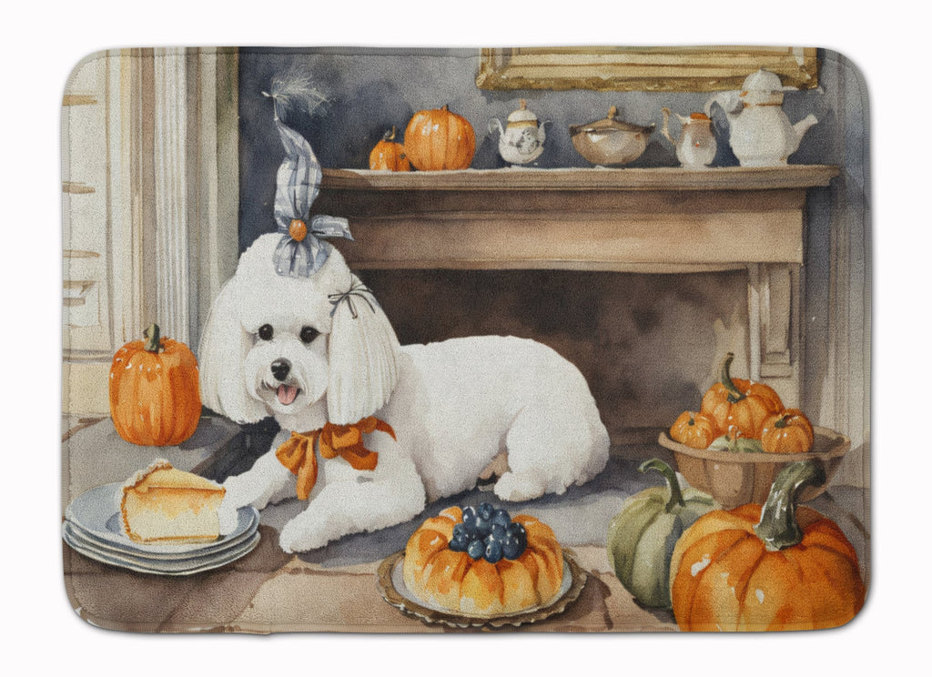 Bichon Frise Fall Kitchen Pumpkins Memory Foam Kitchen Mat Machine Washable Anti-Fatigue Cushion Comfort Bath or Kitchen Rug
