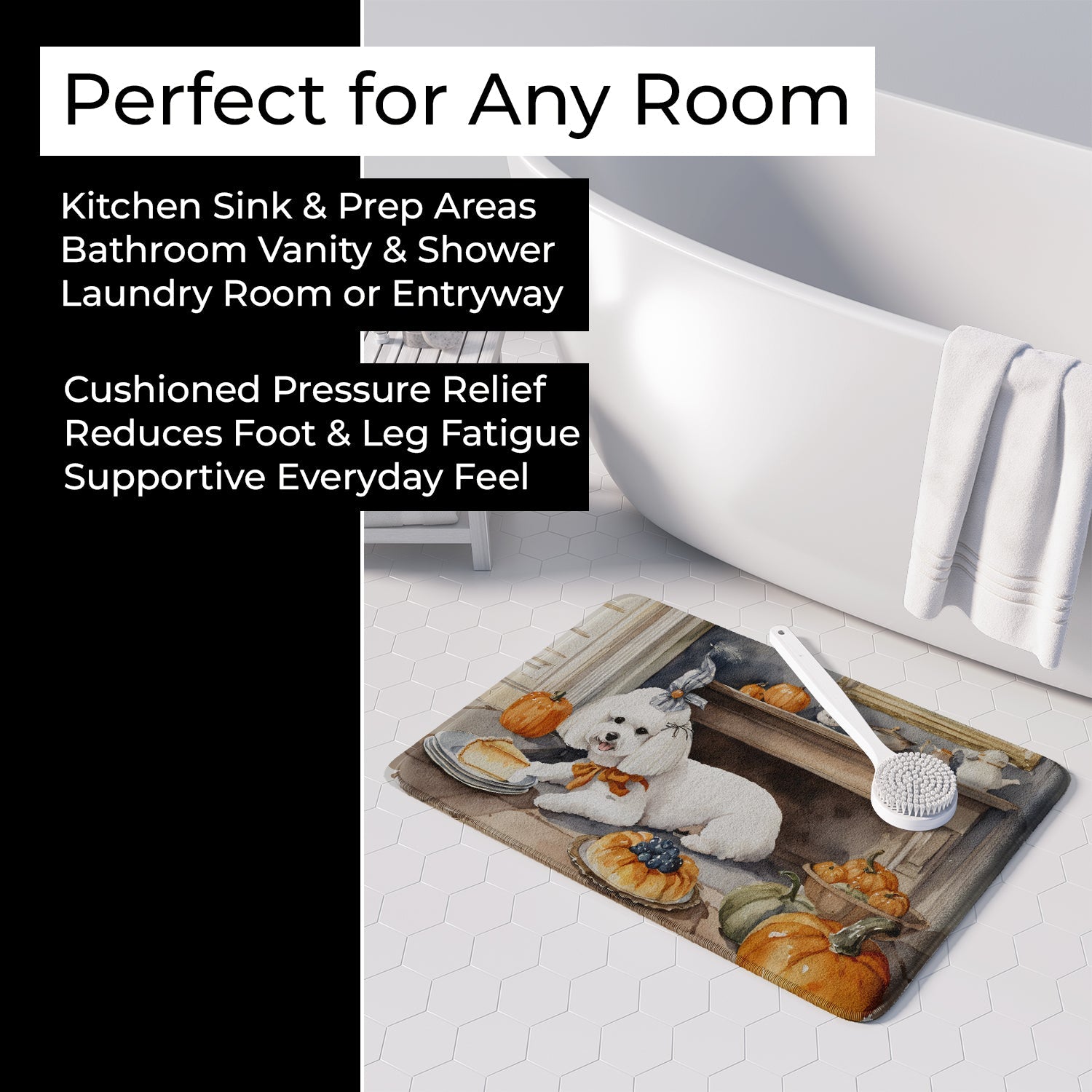 Bichon Frise Fall Kitchen Pumpkins Memory Foam Kitchen Mat Machine Washable Anti-Fatigue Cushion Comfort Bath or Kitchen Rug