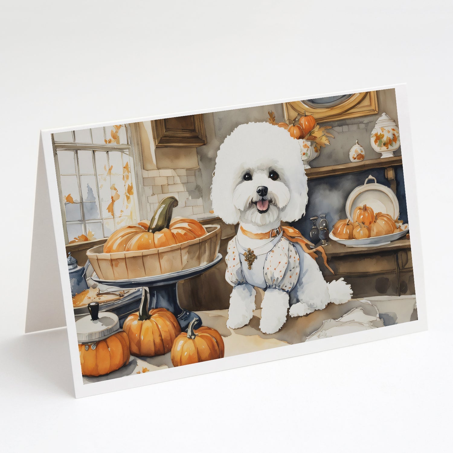 Bichon Frise Fall Kitchen Pumpkins Greeting Cards Pack of 8 Blank Cards with Envelopes Whimsical A7 Size 5x7