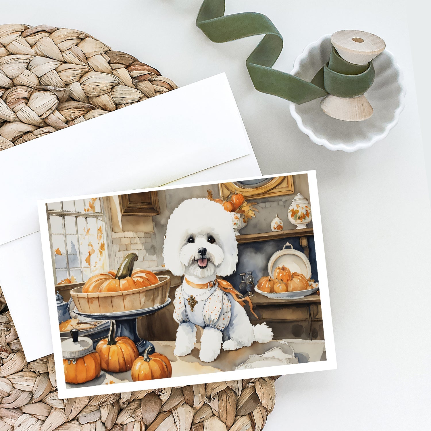 Bichon Frise Fall Kitchen Pumpkins Greeting Cards Pack of 8 Blank Cards with Envelopes Whimsical A7 Size 5x7