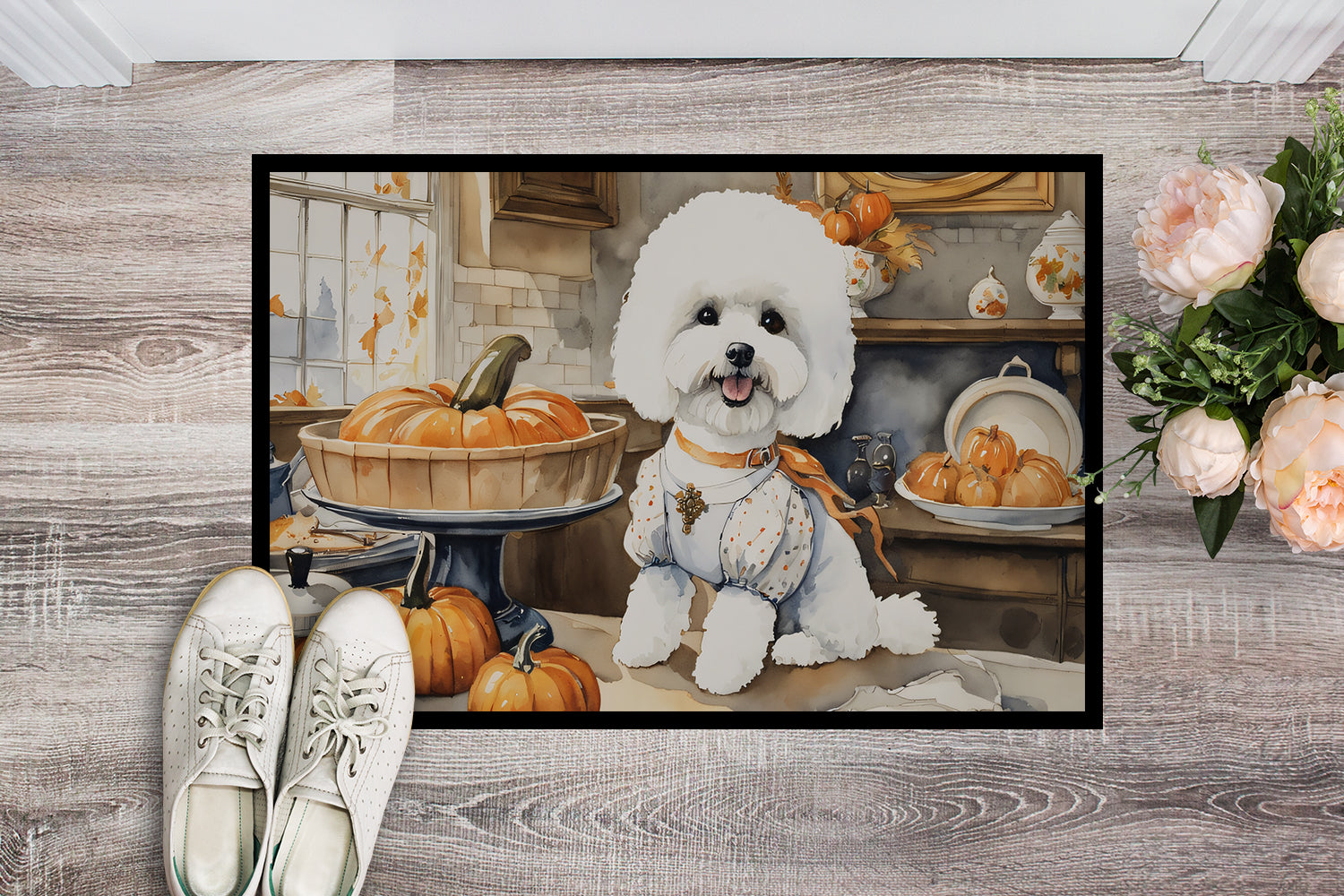Bichon Frise Fall Kitchen Pumpkins Doormat Indoor Outdoor 24H X 36W Front Door Mat Rugs for Entryway, Non Slip Washable Low Pile,