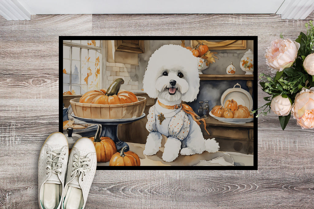 Bichon Frise Fall Kitchen Pumpkins Doormat Indoor Outdoor 18H X 27W Front Door Mat Rugs for Entryway, Non Slip Washable