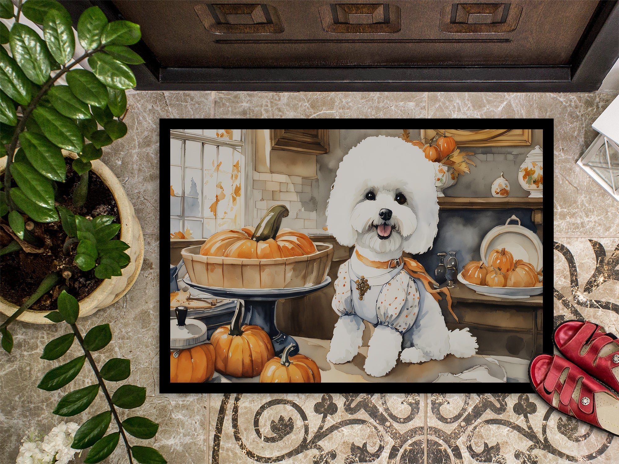 Bichon Frise Fall Kitchen Pumpkins Doormat Indoor Outdoor 18H X 27W Front Door Mat Rugs for Entryway, Non Slip Washable