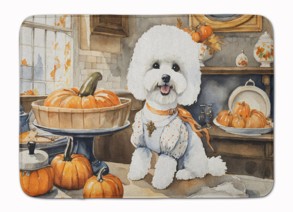 Bichon Frise Fall Kitchen Pumpkins Memory Foam Kitchen Mat Machine Washable Anti-Fatigue Cushion Comfort Bath or Kitchen Rug