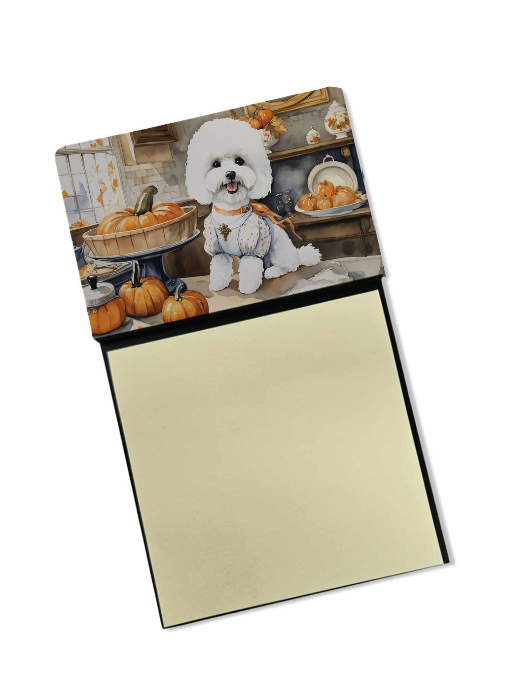Bichon Frise Fall Kitchen Pumpkins Watercolor Sticky Note Holder Refillable Dispenser Desk Accessory 3x3 Pad Gift