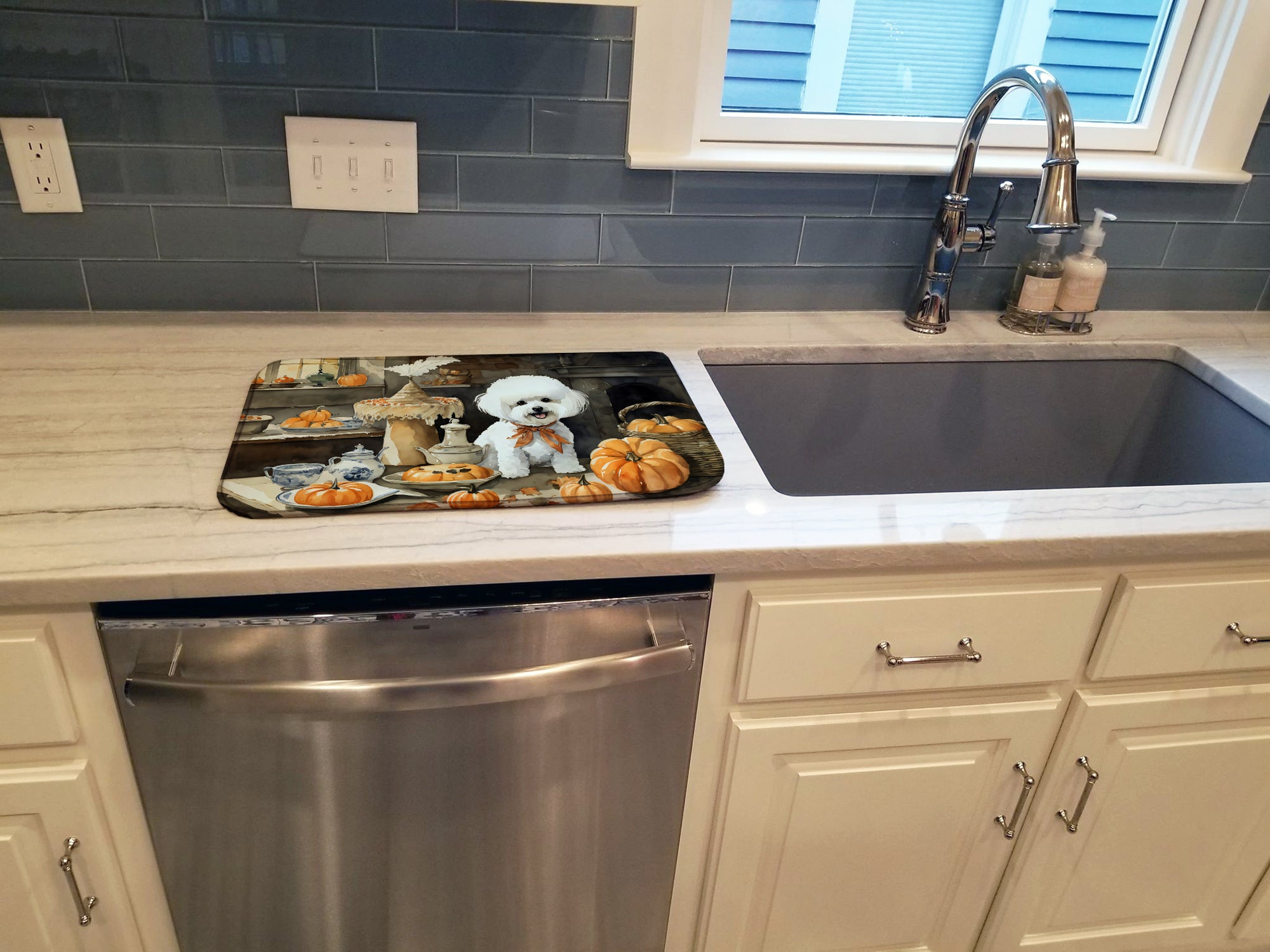 Bichon Frise Fall Kitchen Pumpkins Dish Drying Mat Absorbent Dish Drying Mat Pad for Kitchen Counter Dish Drainer Mat for Countertop, 14 x 21", Multicolor