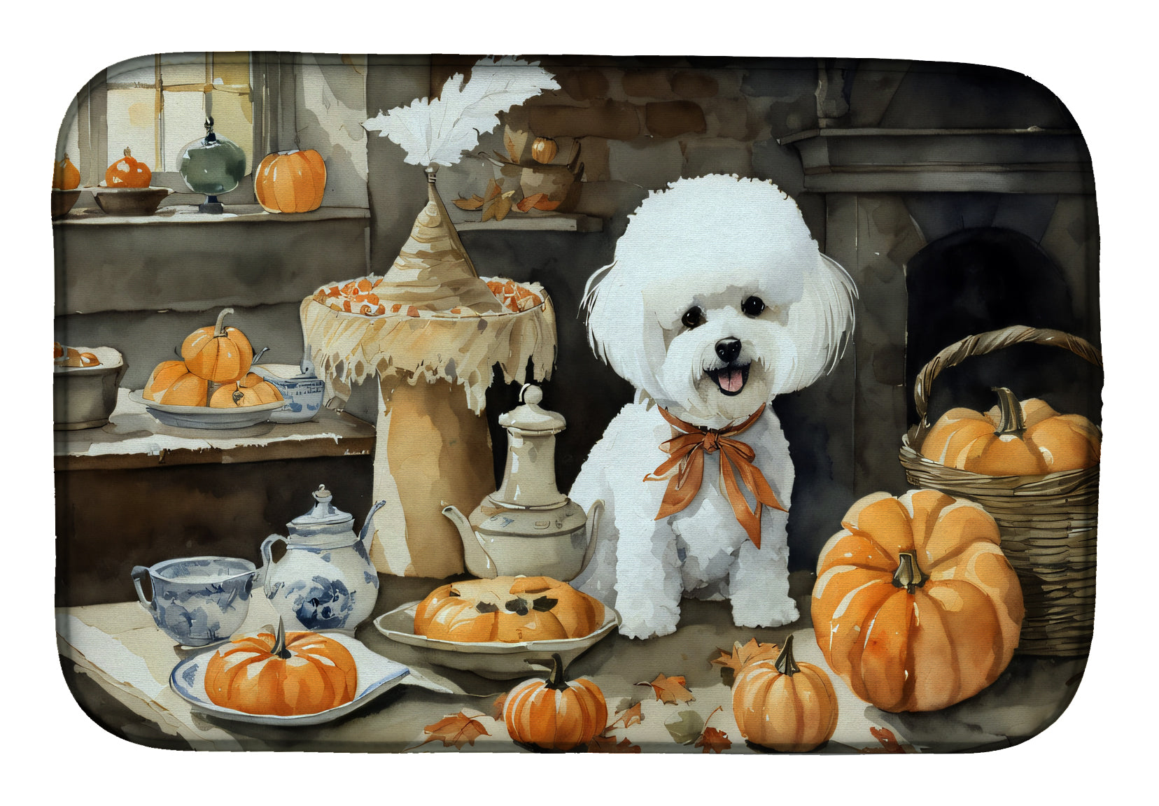 Bichon Frise Fall Kitchen Pumpkins Dish Drying Mat Absorbent Dish Drying Mat Pad for Kitchen Counter Dish Drainer Mat for Countertop, 14 x 21", Multicolor