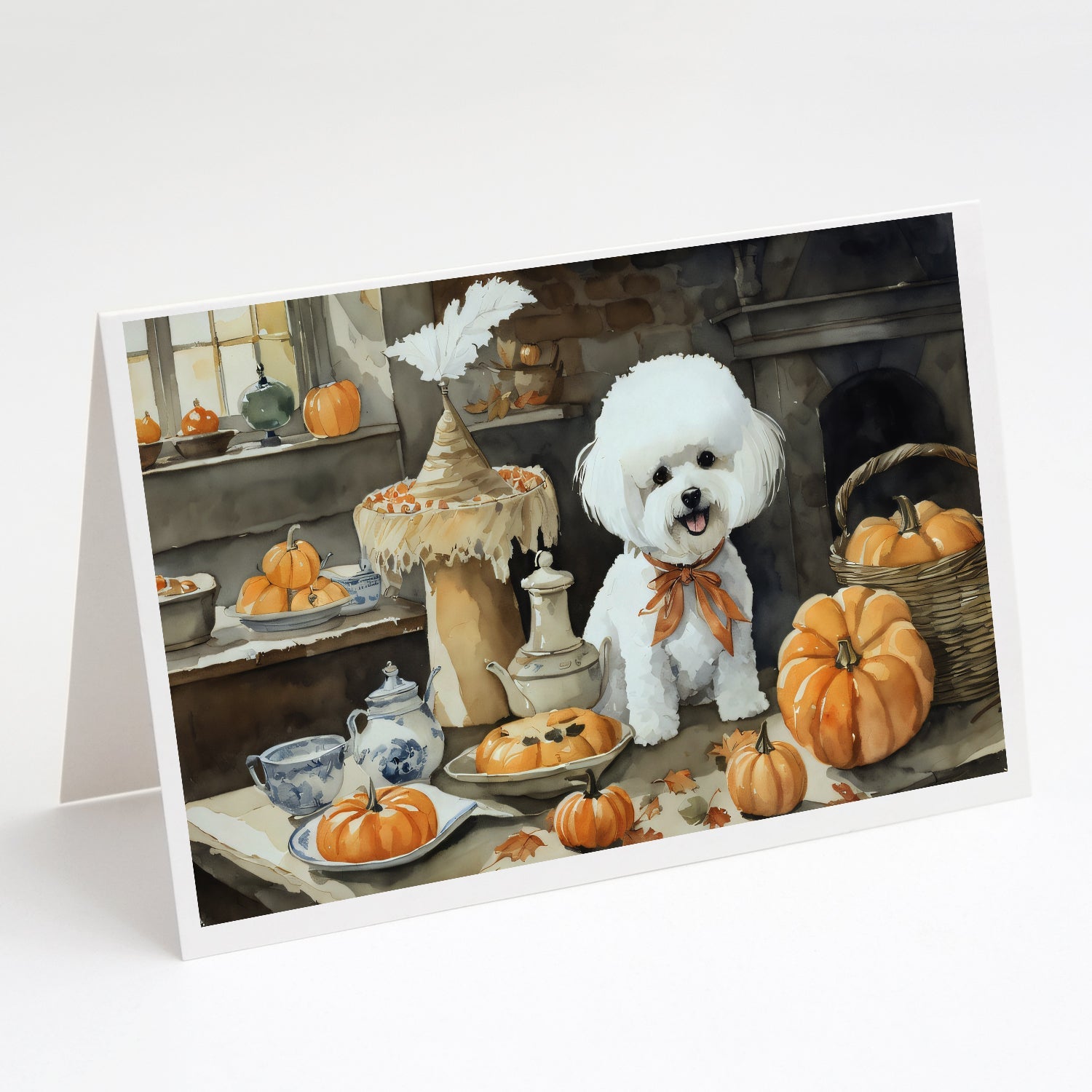 Bichon Frise Fall Kitchen Pumpkins Greeting Cards Pack of 8 Blank Cards with Envelopes Whimsical A7 Size 5x7