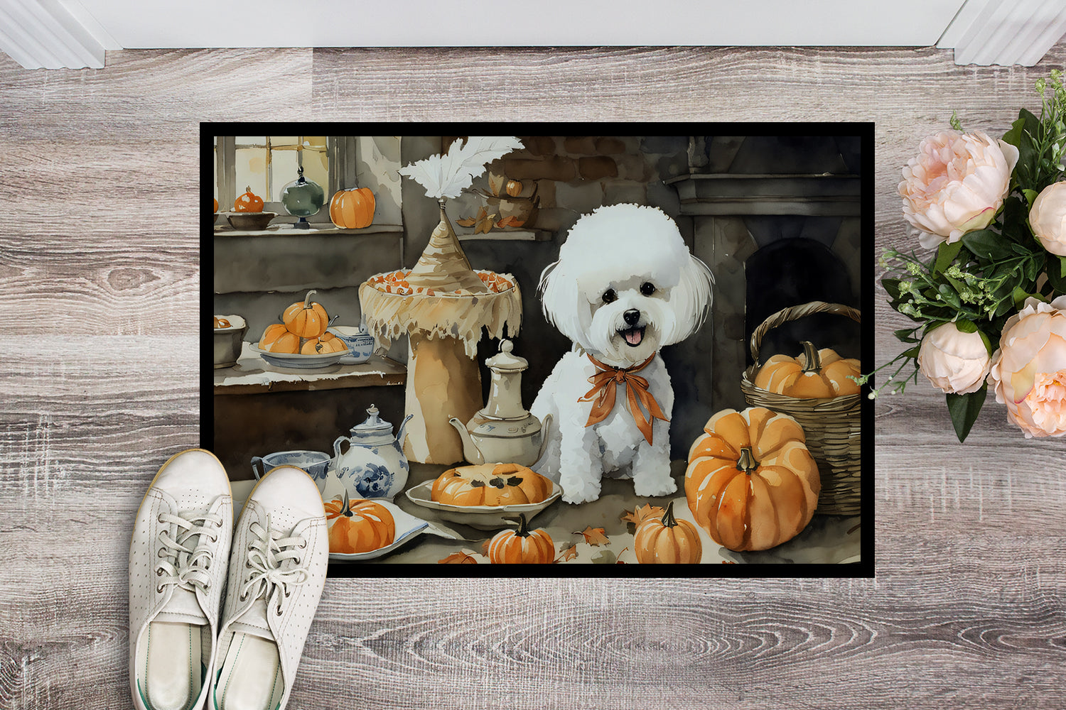 Bichon Frise Fall Kitchen Pumpkins Doormat Indoor Outdoor 24H X 36W Front Door Mat Rugs for Entryway, Non Slip Washable Low Pile,
