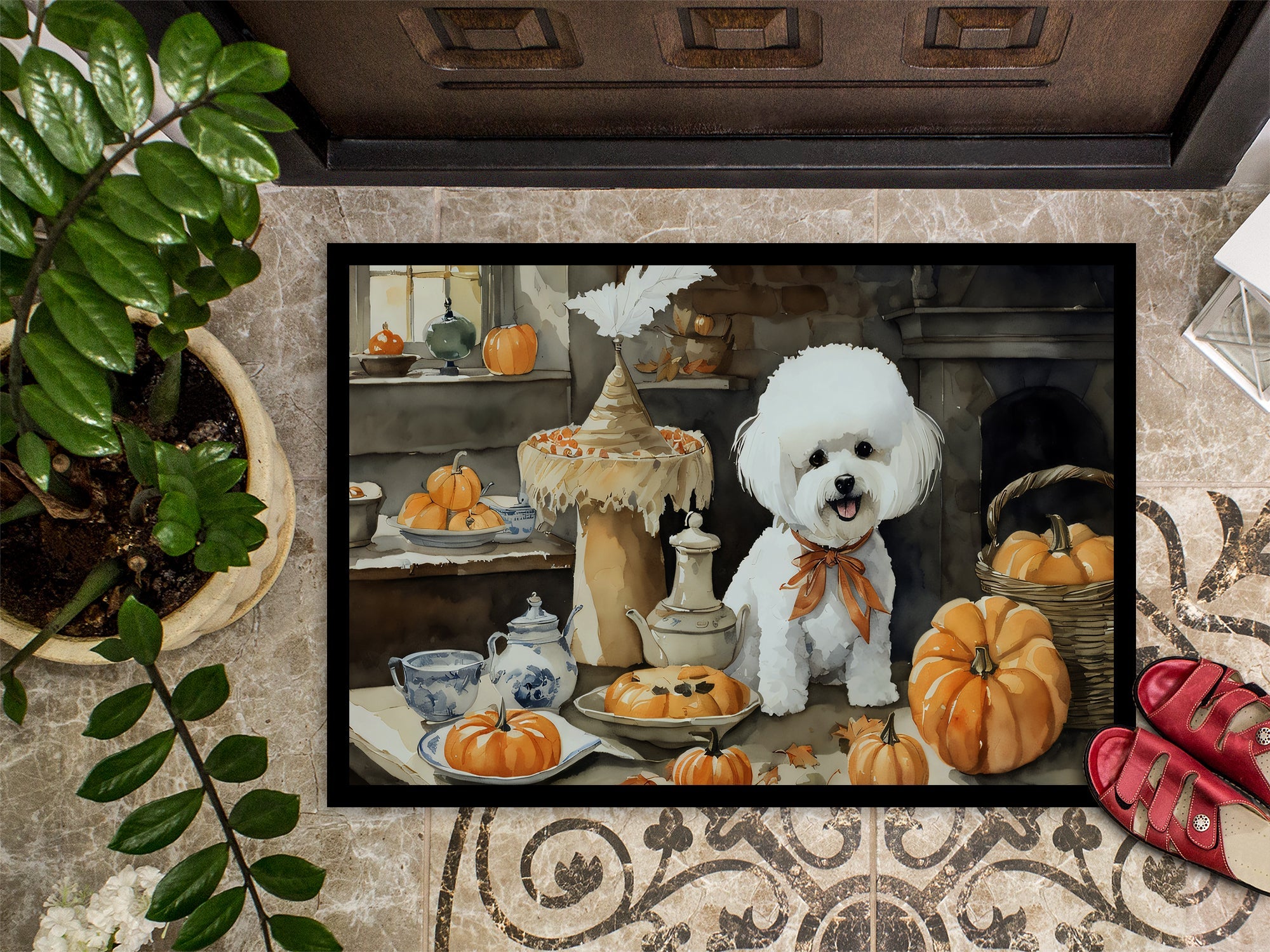 Bichon Frise Fall Kitchen Pumpkins Doormat Indoor Outdoor 24H X 36W Front Door Mat Rugs for Entryway, Non Slip Washable Low Pile,