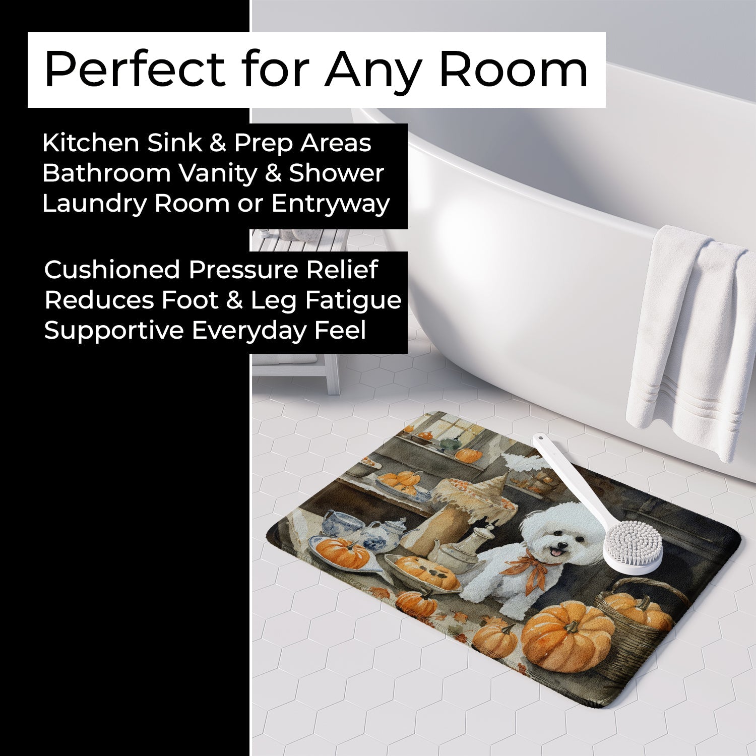 Bichon Frise Fall Kitchen Pumpkins Memory Foam Kitchen Mat Machine Washable Anti-Fatigue Cushion Comfort Bath or Kitchen Rug