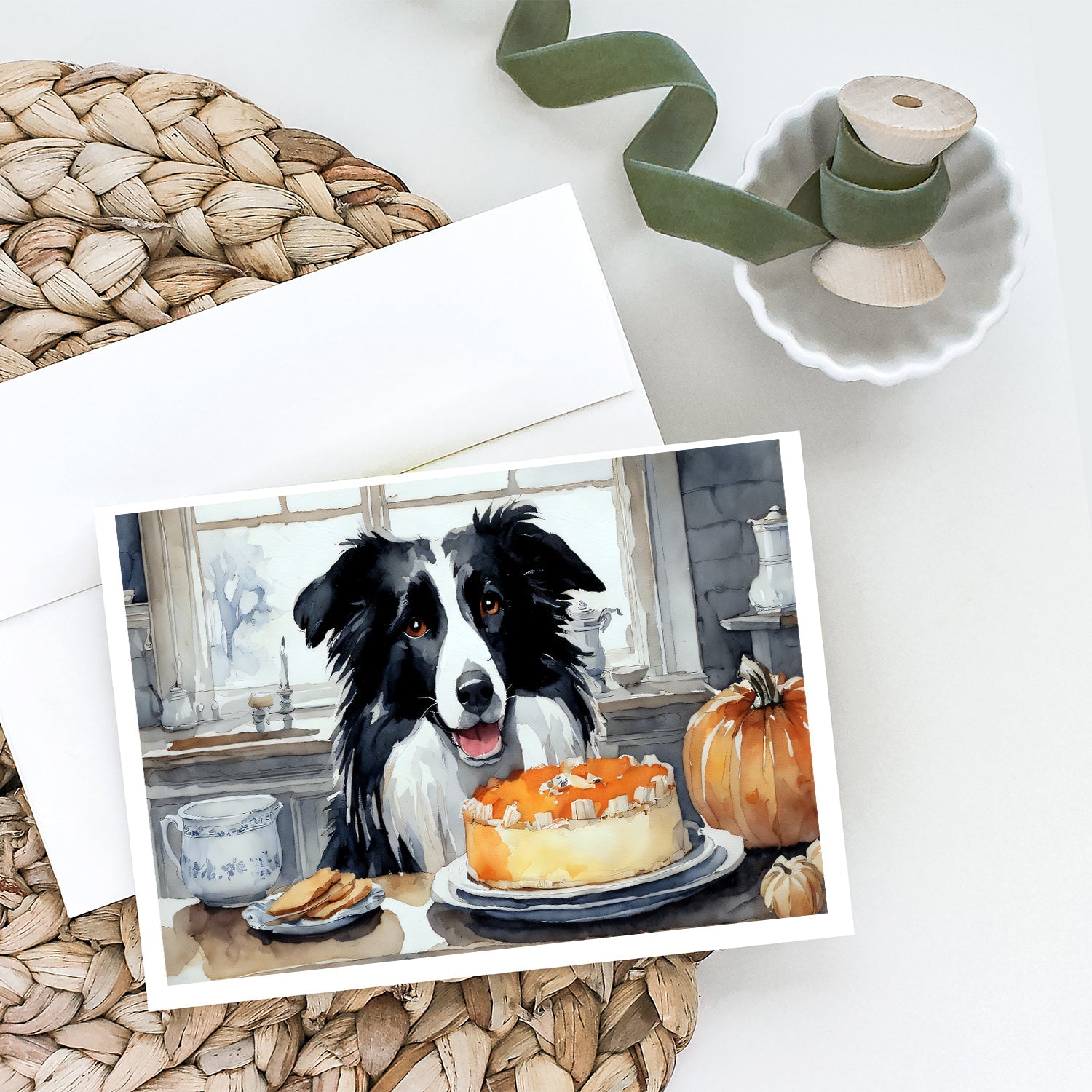 Border Collie Fall Kitchen Pumpkins Greeting Cards Pack of 8 Blank Cards with Envelopes Whimsical A7 Size 5x7