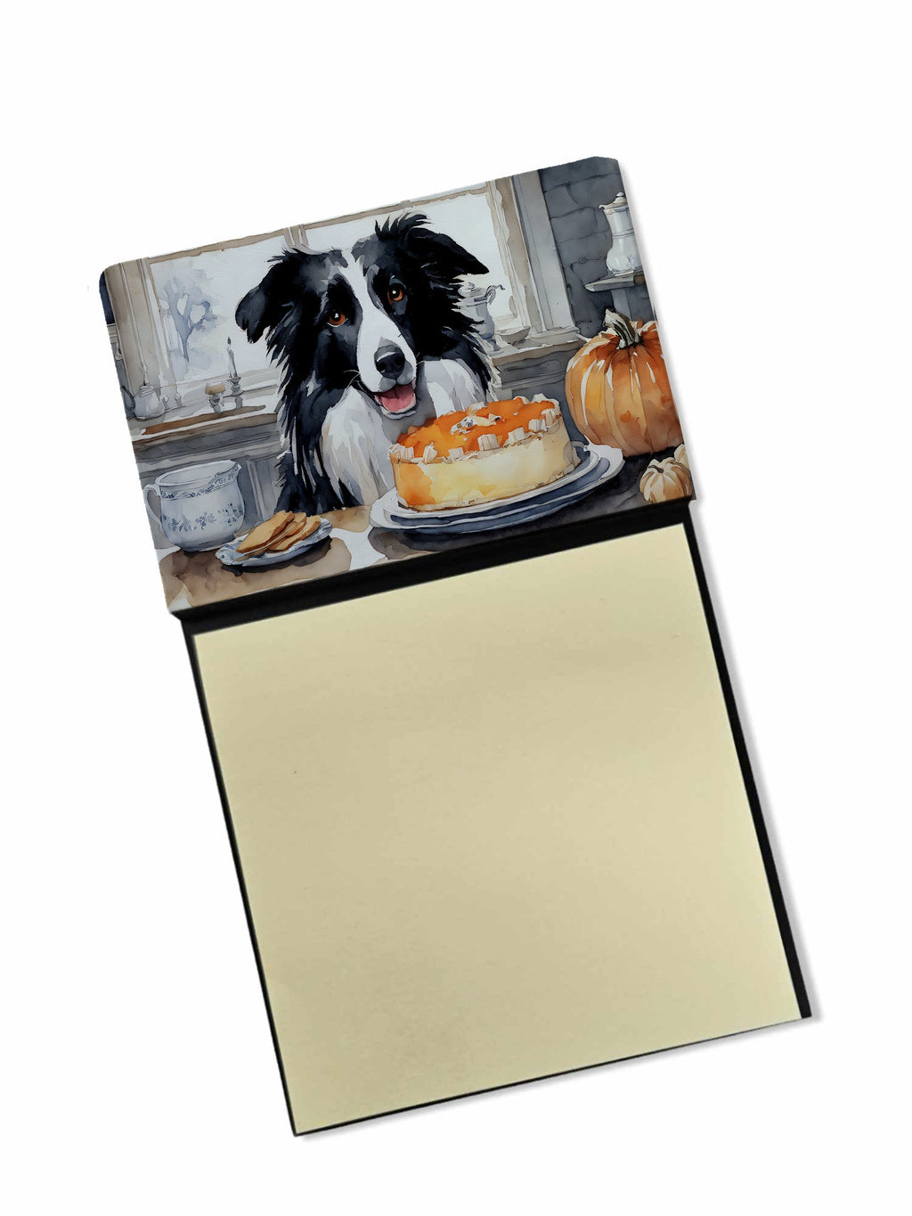 Border Collie Fall Kitchen Pumpkins Watercolor Sticky Note Holder Refillable Dispenser Desk Accessory 3x3 Pad Gift