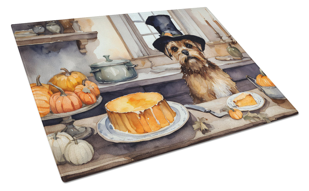 Border Terrier Fall Kitchen Pumpkins Cutting Board Tempered Glass Kitchen Cutting Surface, Heat Resistant Chopping, Non-Slip Feet, Food Prep & Serving