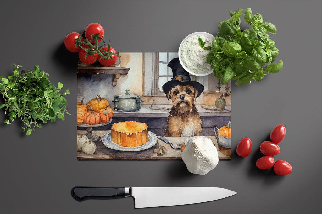 Border Terrier Fall Kitchen Pumpkins Cutting Board Tempered Glass Kitchen Cutting Surface, Heat Resistant Chopping, Non-Slip Feet, Food Prep & Serving