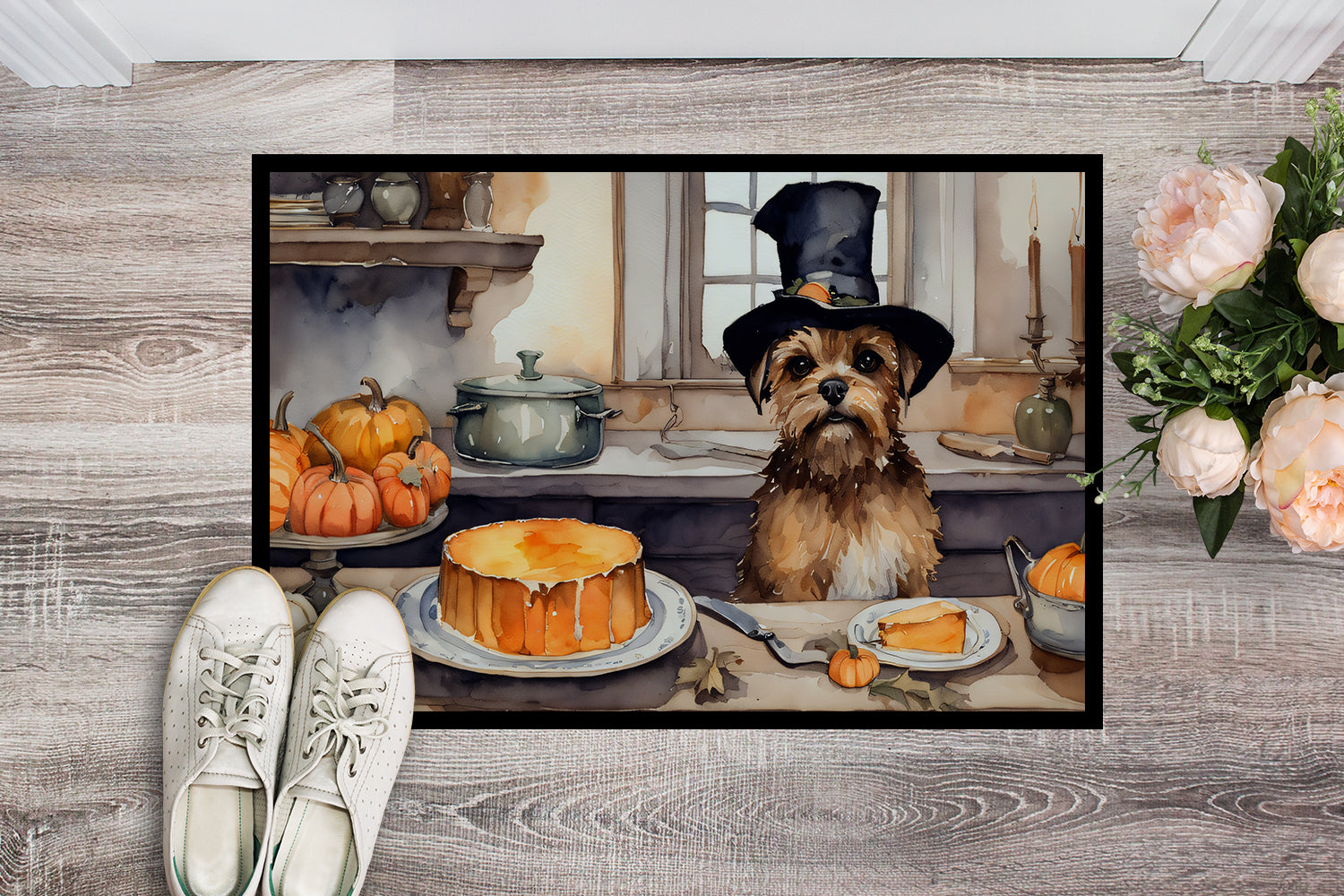Border Terrier Fall Kitchen Pumpkins Doormat Indoor Outdoor 18H X 27W Front Door Mat Rugs for Entryway, Non Slip Washable