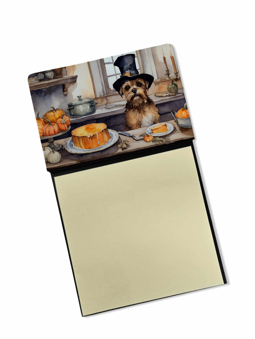 Border Terrier Fall Kitchen Pumpkins Watercolor Sticky Note Holder Refillable Dispenser Desk Accessory 3x3 Pad Gift