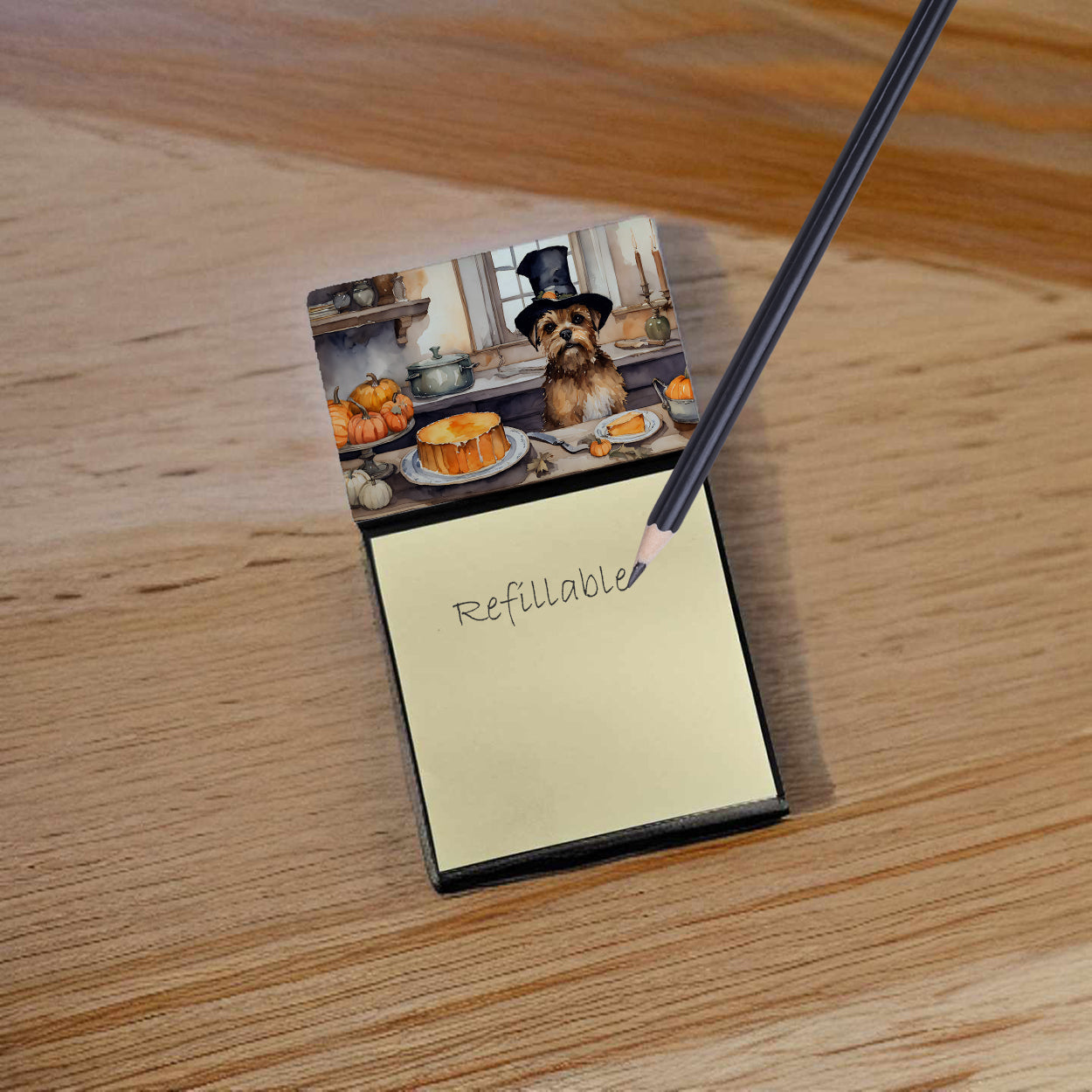 Border Terrier Fall Kitchen Pumpkins Watercolor Sticky Note Holder Refillable Dispenser Desk Accessory 3x3 Pad Gift