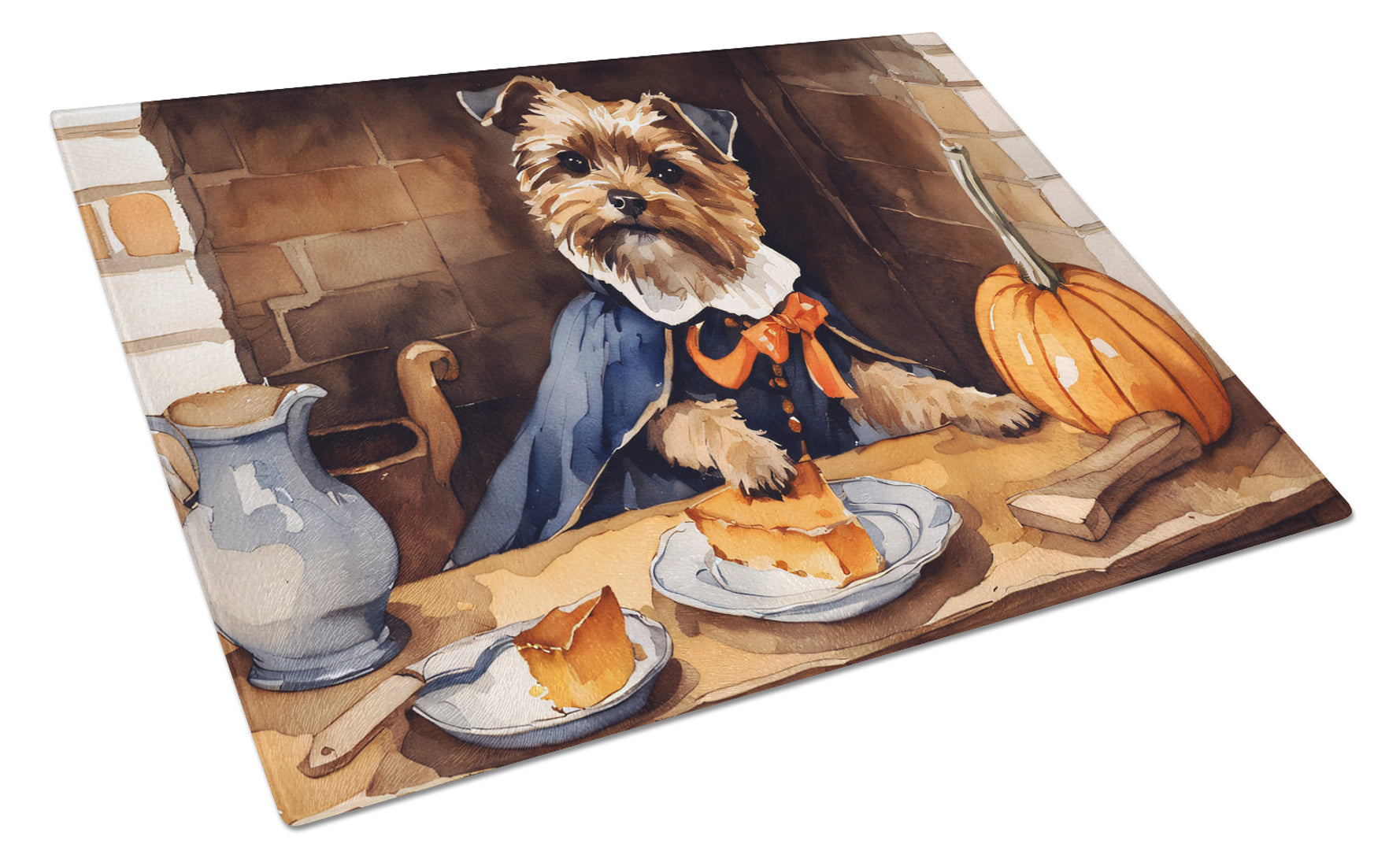 Border Terrier Fall Kitchen Pumpkins Cutting Board Tempered Glass Kitchen Cutting Surface, Heat Resistant Chopping, Non-Slip Feet, Food Prep & Serving
