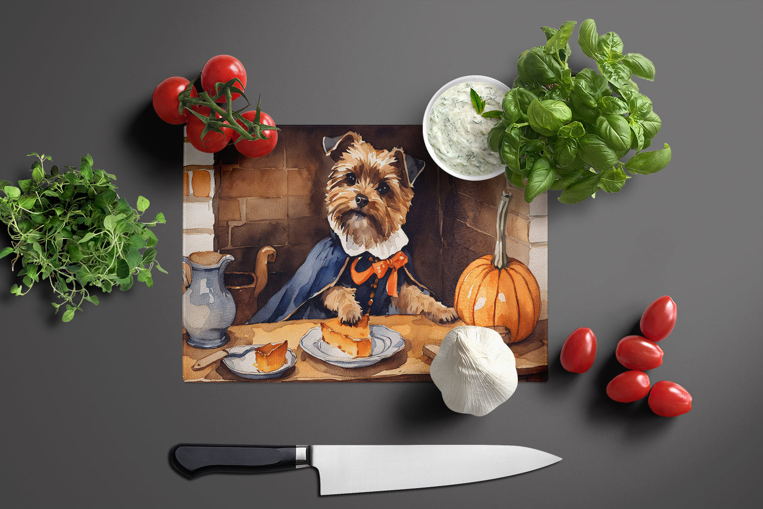 Border Terrier Fall Kitchen Pumpkins Cutting Board Tempered Glass Kitchen Cutting Surface, Heat Resistant Chopping, Non-Slip Feet, Food Prep & Serving