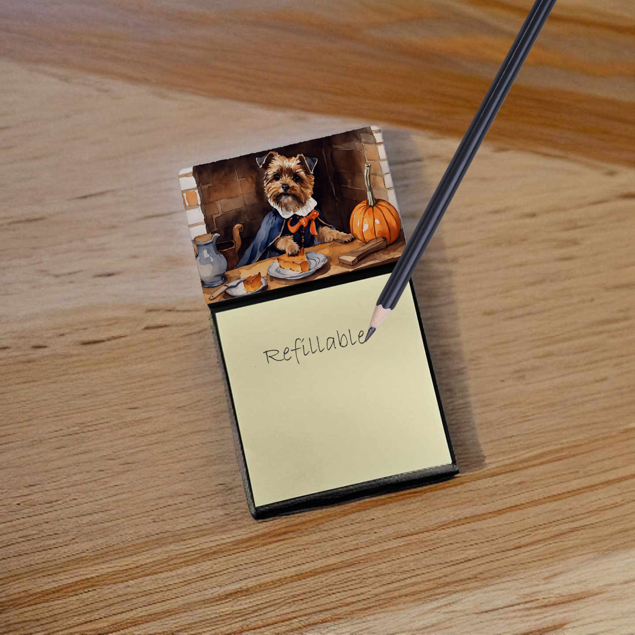 Border Terrier Fall Kitchen Pumpkins Watercolor Sticky Note Holder Refillable Dispenser Desk Accessory 3x3 Pad Gift