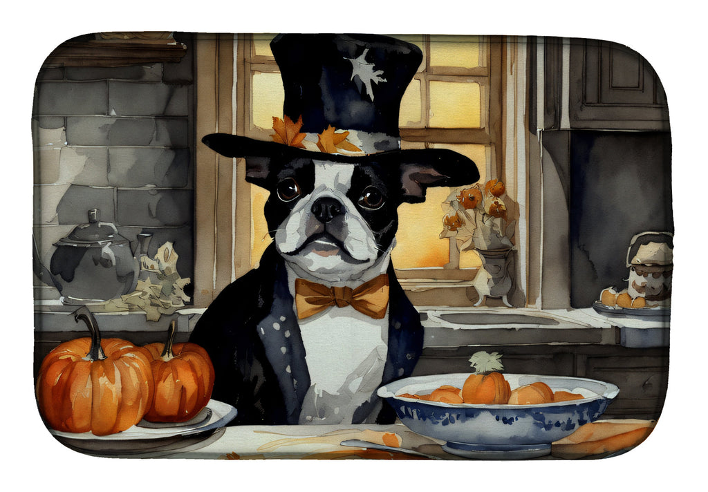 Boston Terrier Fall Kitchen Pumpkins Dish Drying Mat Absorbent Dish Drying Mat Pad for Kitchen Counter Dish Drainer Mat for Countertop, 14 x 21", Multicolor