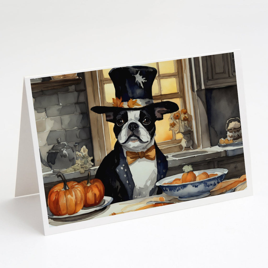 Boston Terrier Fall Kitchen Pumpkins Greeting Cards Pack of 8 Blank Cards with Envelopes Whimsical A7 Size 5x7