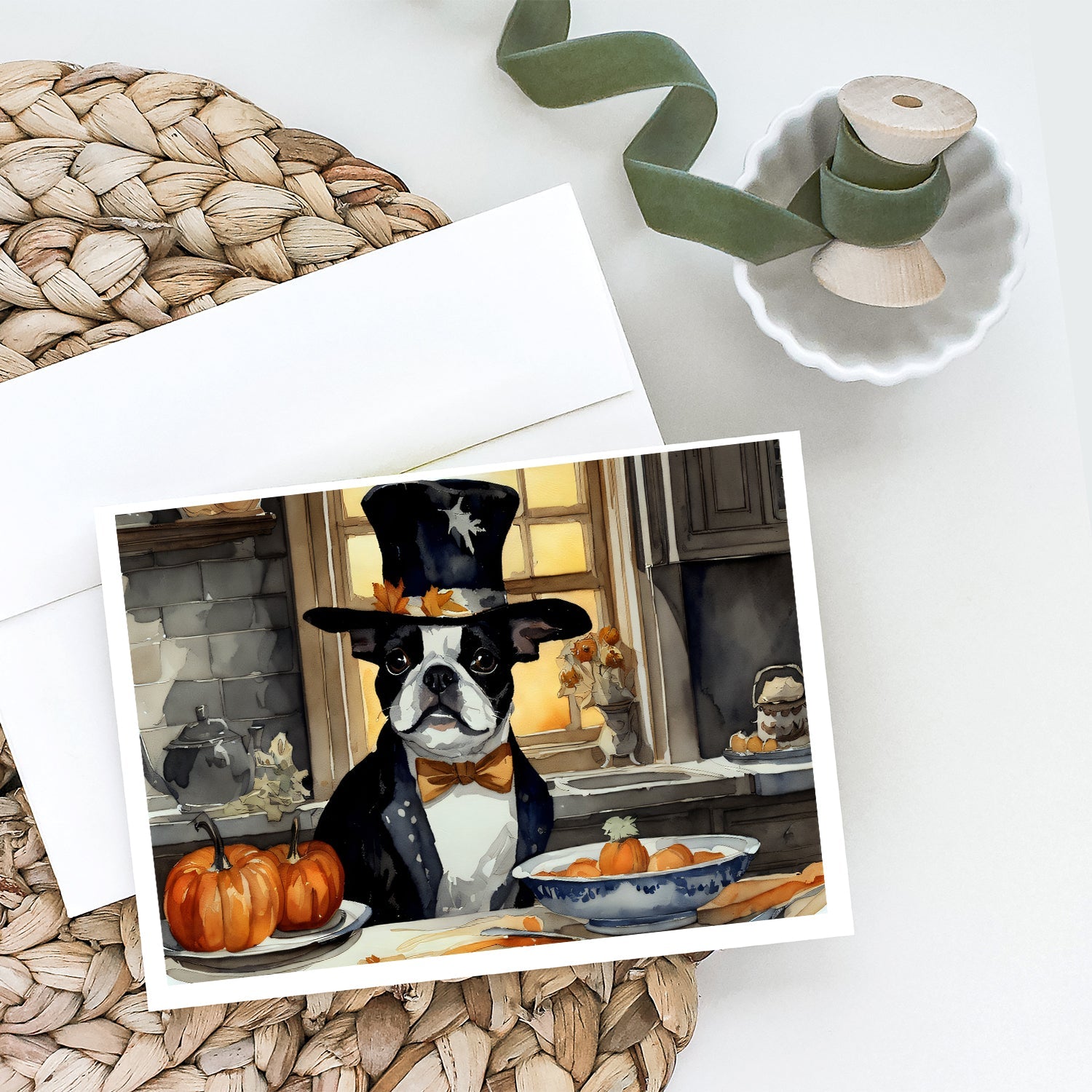 Boston Terrier Fall Kitchen Pumpkins Greeting Cards Pack of 8 Blank Cards with Envelopes Whimsical A7 Size 5x7