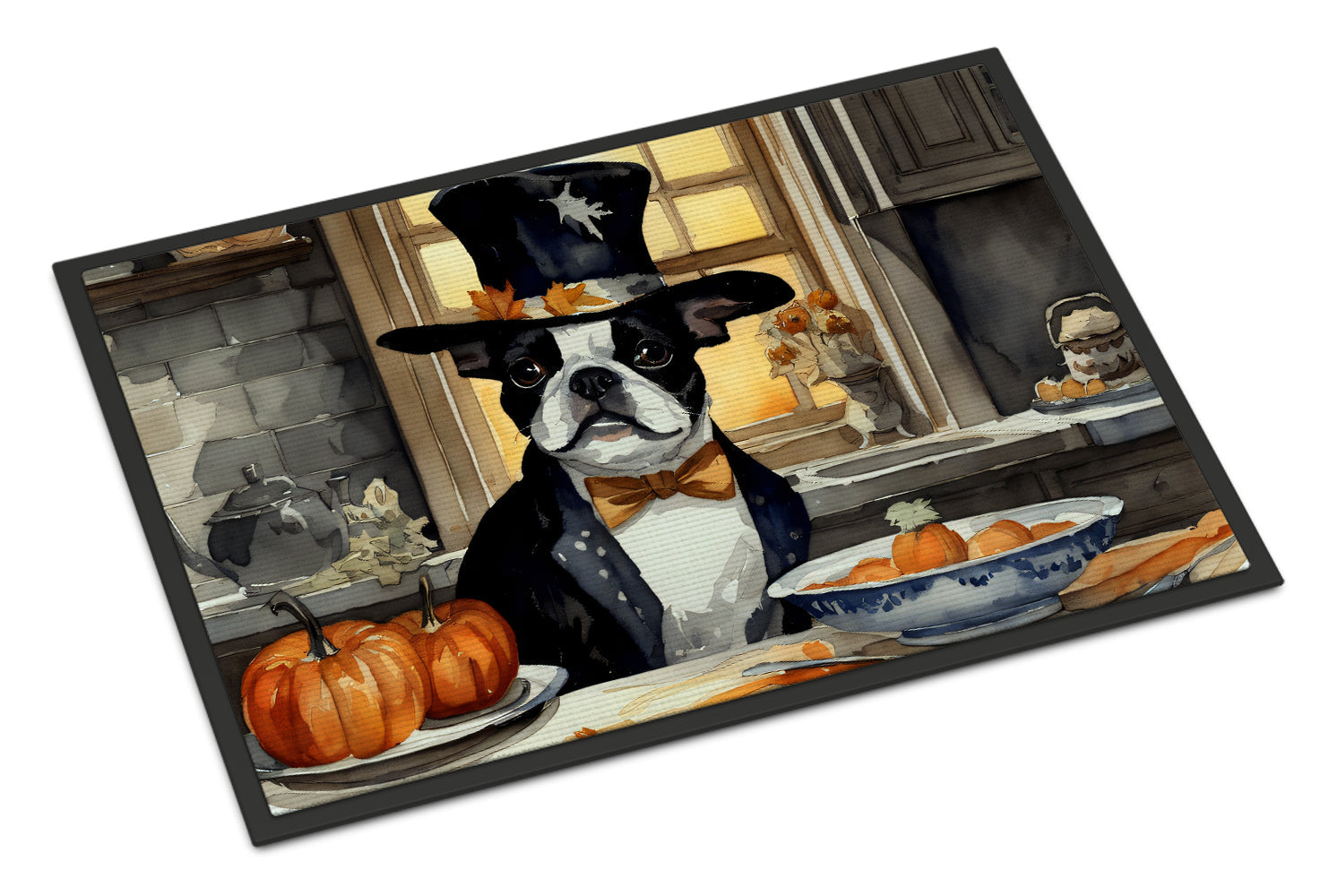 Boston Terrier Fall Kitchen Pumpkins Doormat Indoor Outdoor 24H X 36W Front Door Mat Rugs for Entryway, Non Slip Washable Low Pile,